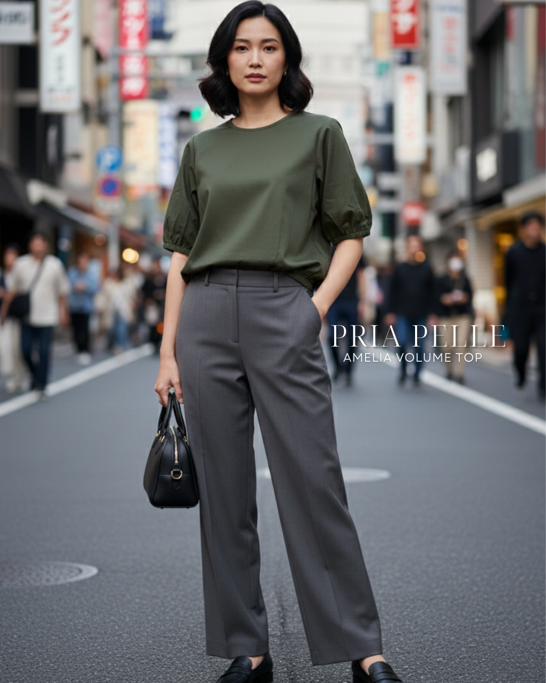 Pria Pelle Amelia Volume Top - Cotton Blend Metal Green | Non Stretch