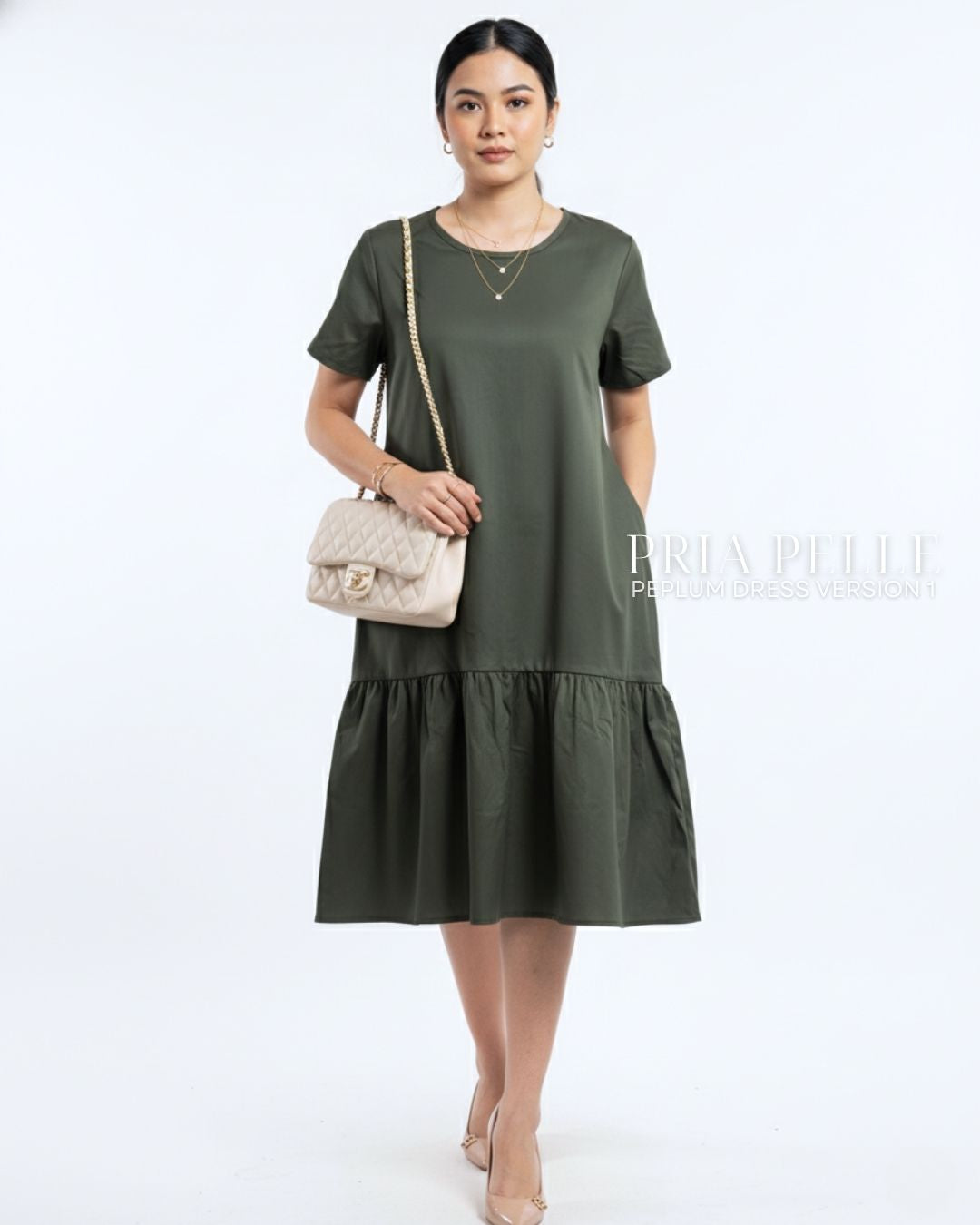 Pria Pelle Peplum Dress Version 1 | Cotton Blend Army Green - Non Stretch