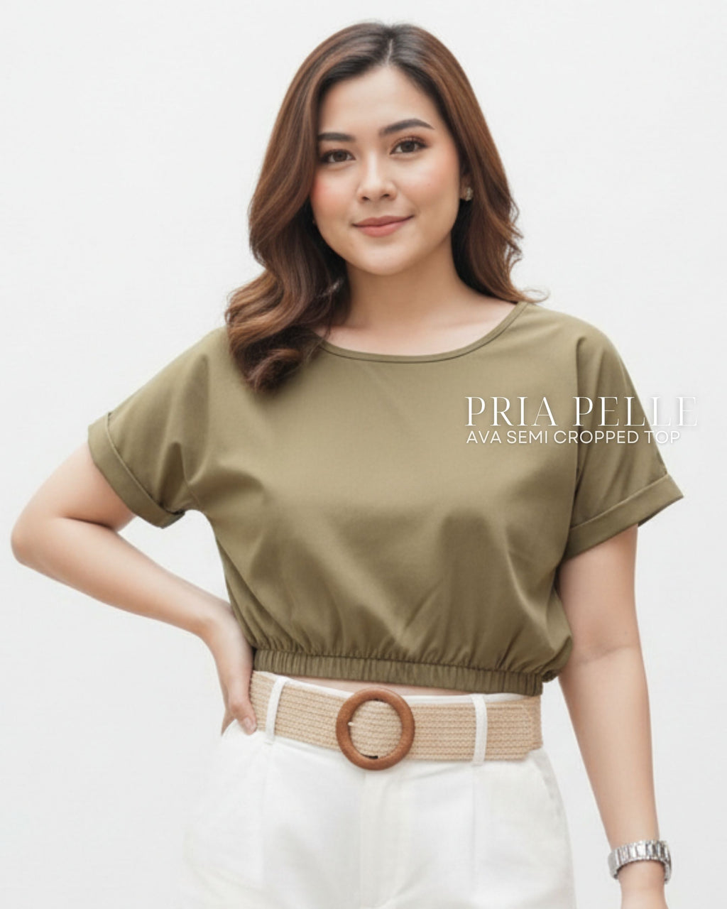 Pria Pelle Ava Semi Cropped Top - Cotton Blend Army Green