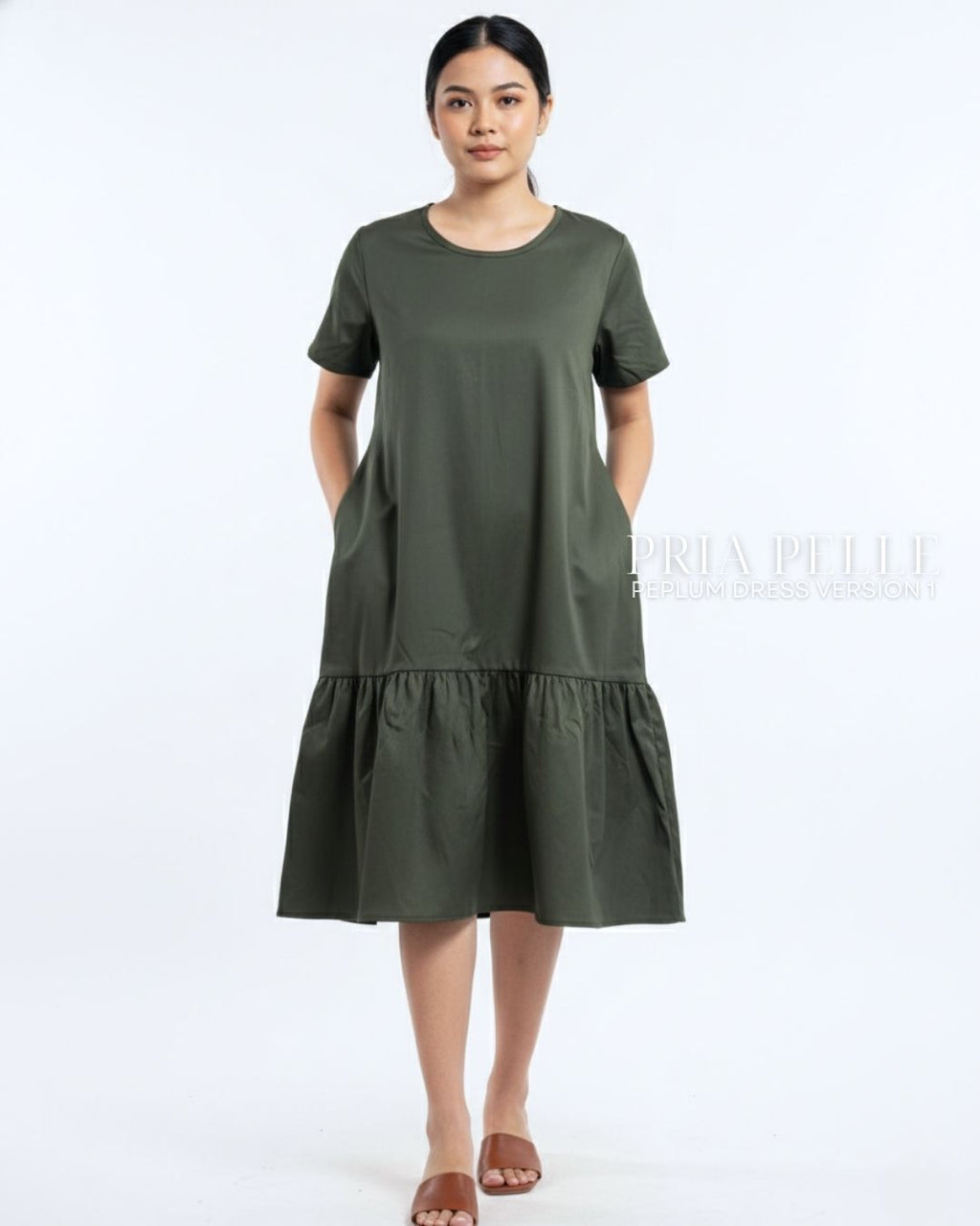 Pria Pelle Peplum Dress Version 1 | Cotton Blend Army Green - Non Stretch