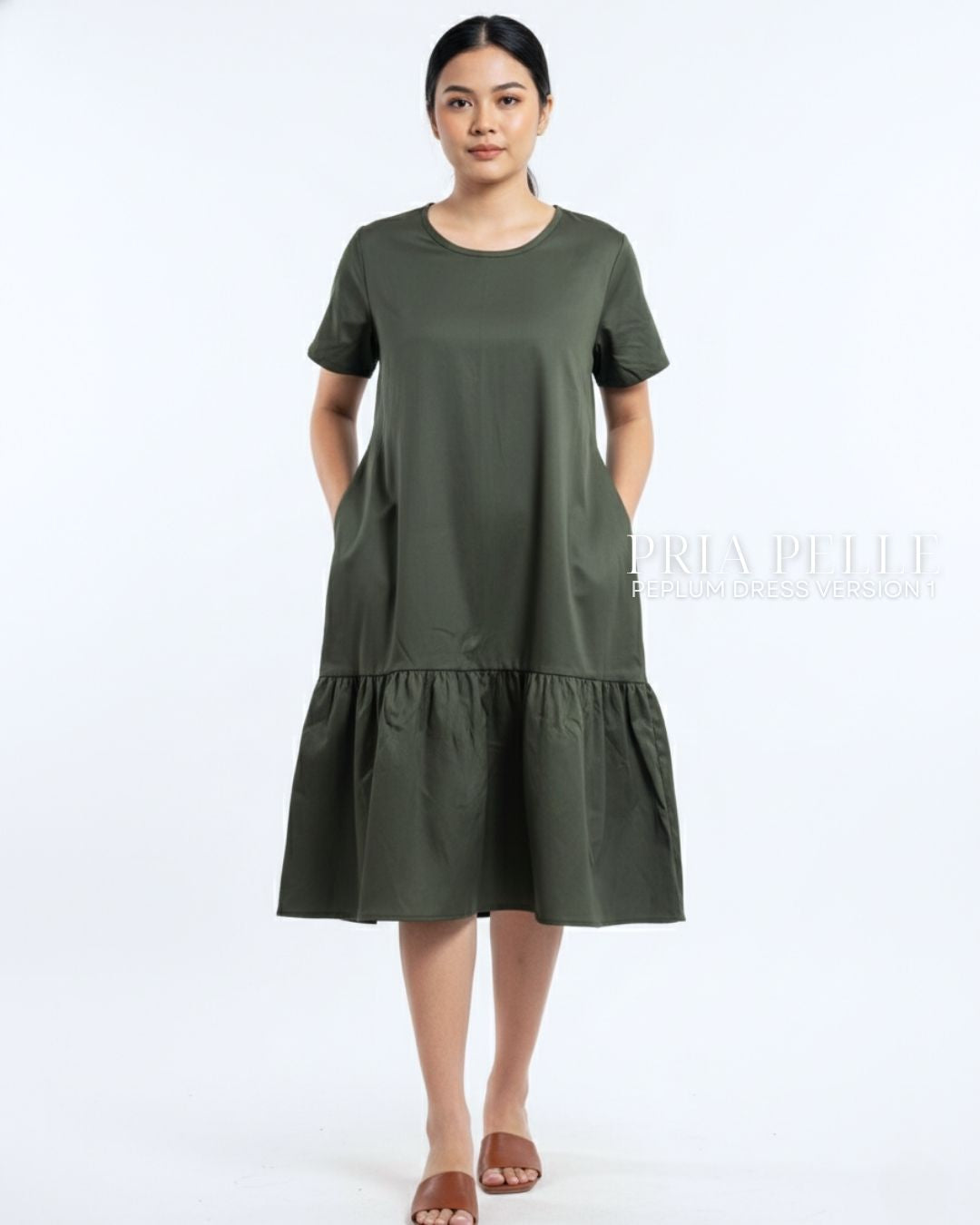 Pria Pelle Peplum Dress Version 1 | Cotton Blend Army Green - Non Stretch