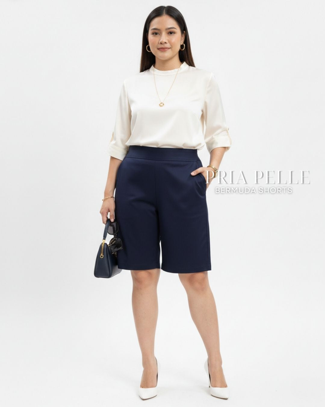 Pria Pelle Bermuda Shorts | Back garter - Cotton Blend Sheen Midnight Blue | Non Stretch