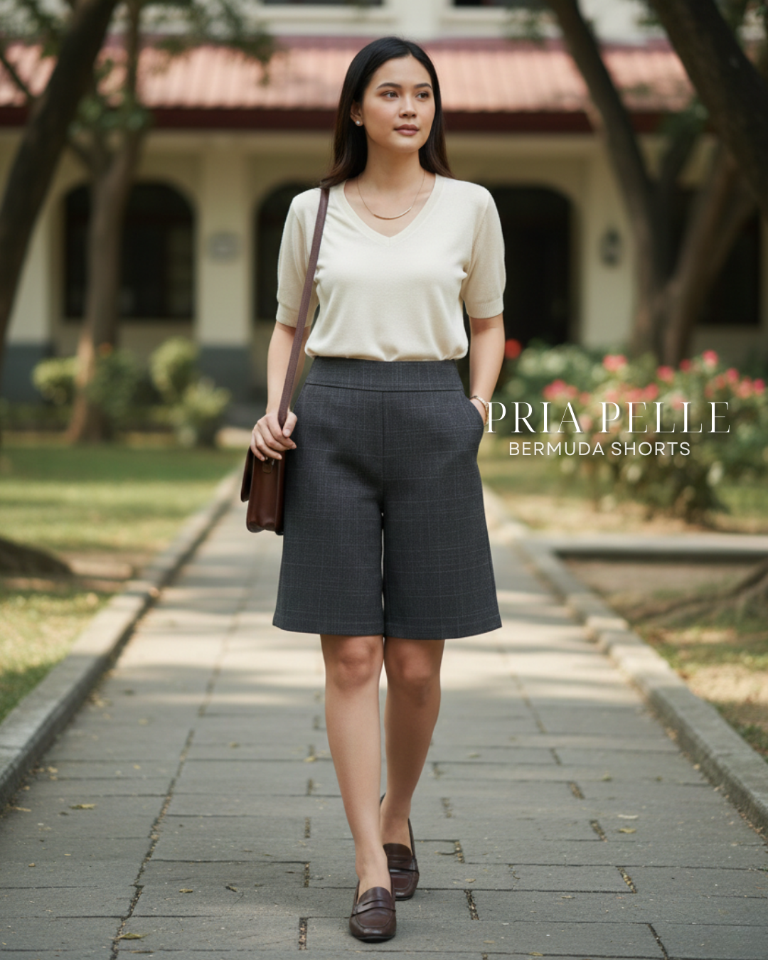 Pria Pelle Bermuda Shorts | Back garter - Cotton Blend Plaid Charcoal Gray | Non Stretch