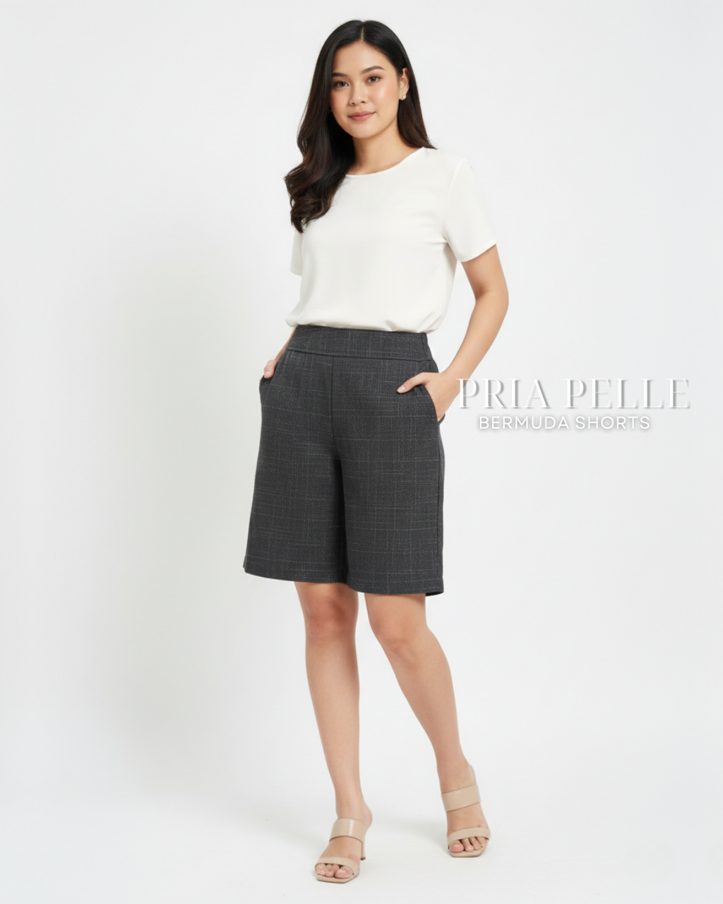 Pria Pelle Bermuda Shorts | Back garter - Cotton Blend Plaid Charcoal Gray | Non Stretch