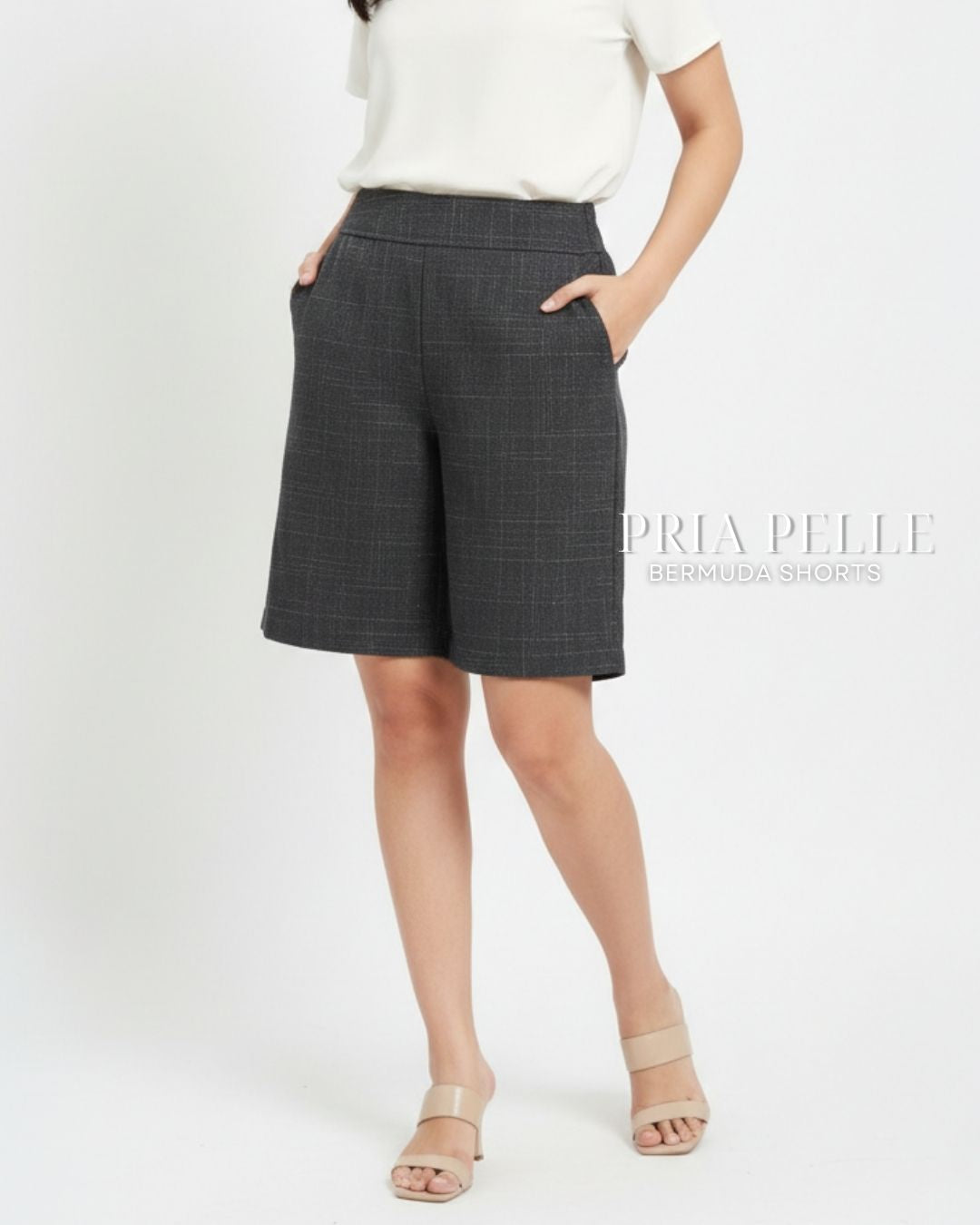 Pria Pelle Bermuda Shorts | Back garter - Cotton Blend Plaid Charcoal Gray | Non Stretch
