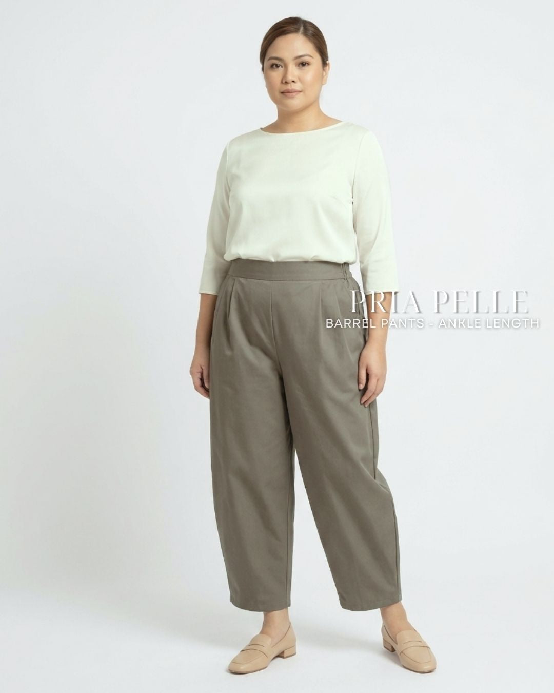 Pria Pelle Barrel Pants | Ankle Length - Cotton Twill Dark Gray Olive | Non Stretch