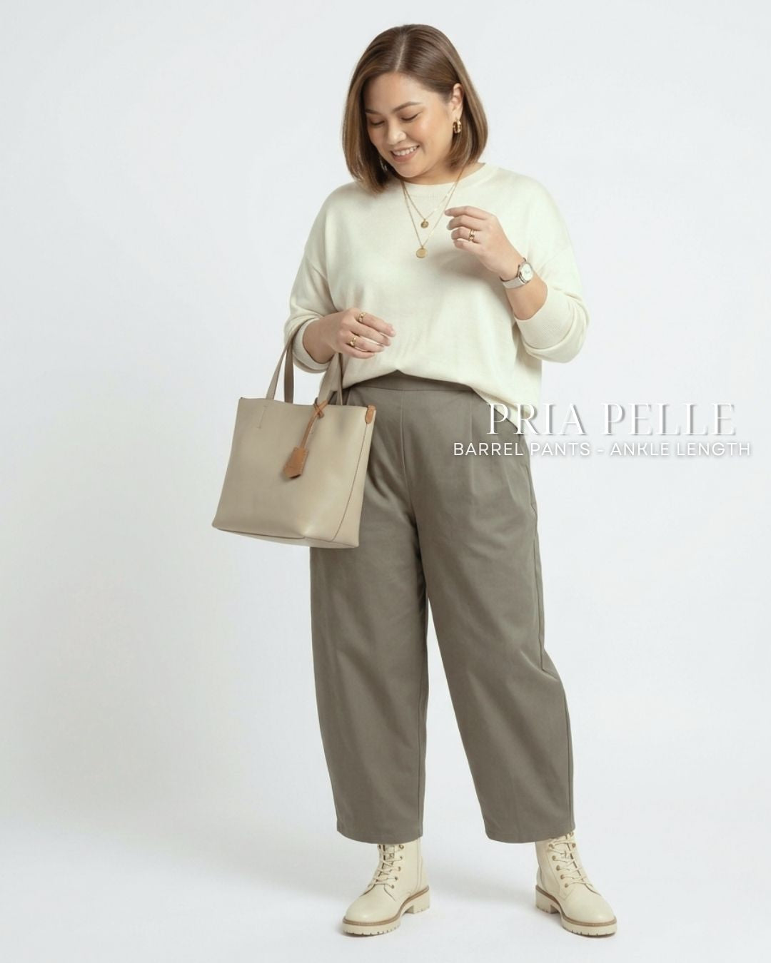 Pria Pelle Barrel Pants | Ankle Length - Cotton Twill Dark Gray Olive | Non Stretch