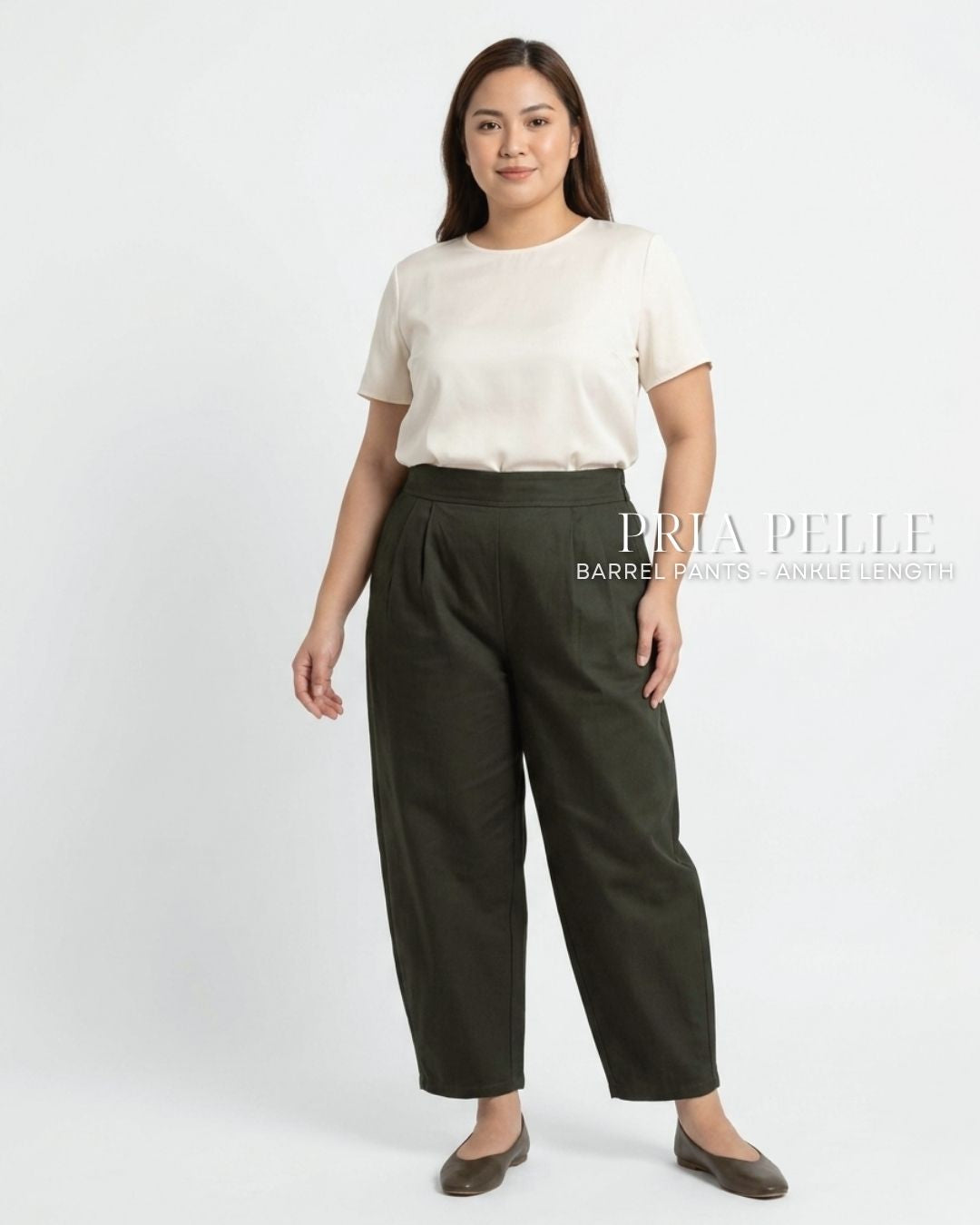 Pria Pelle Barrel Pants | Ankle Length - Twill Blend Dark Army Green | Non Stretch