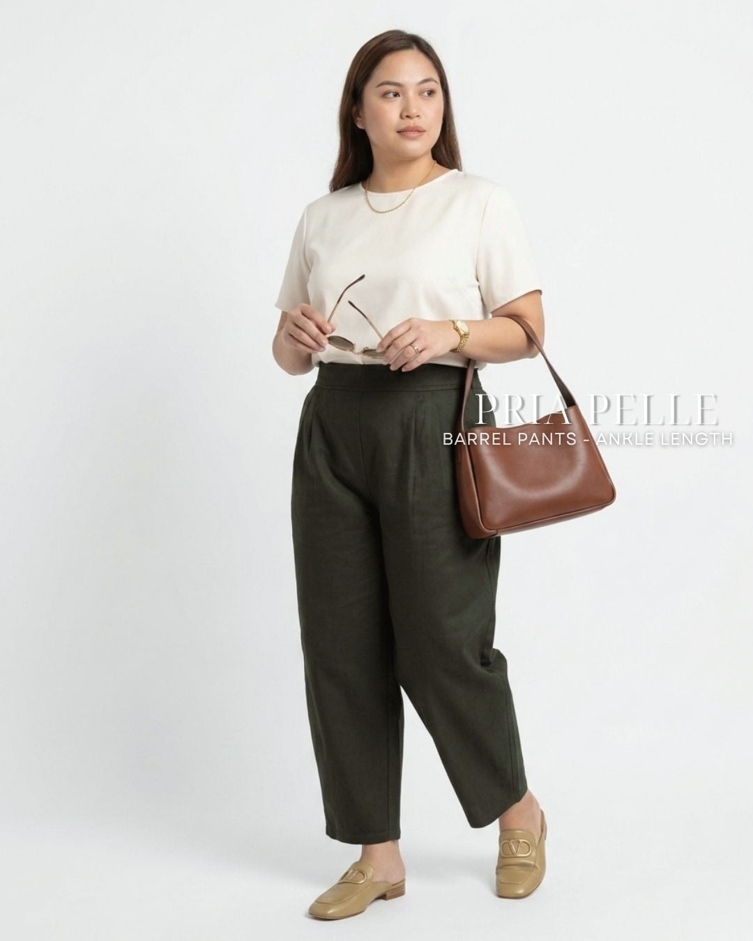 Pria Pelle Barrel Pants | Ankle Length - Twill Blend Dark Army Green | Non Stretch