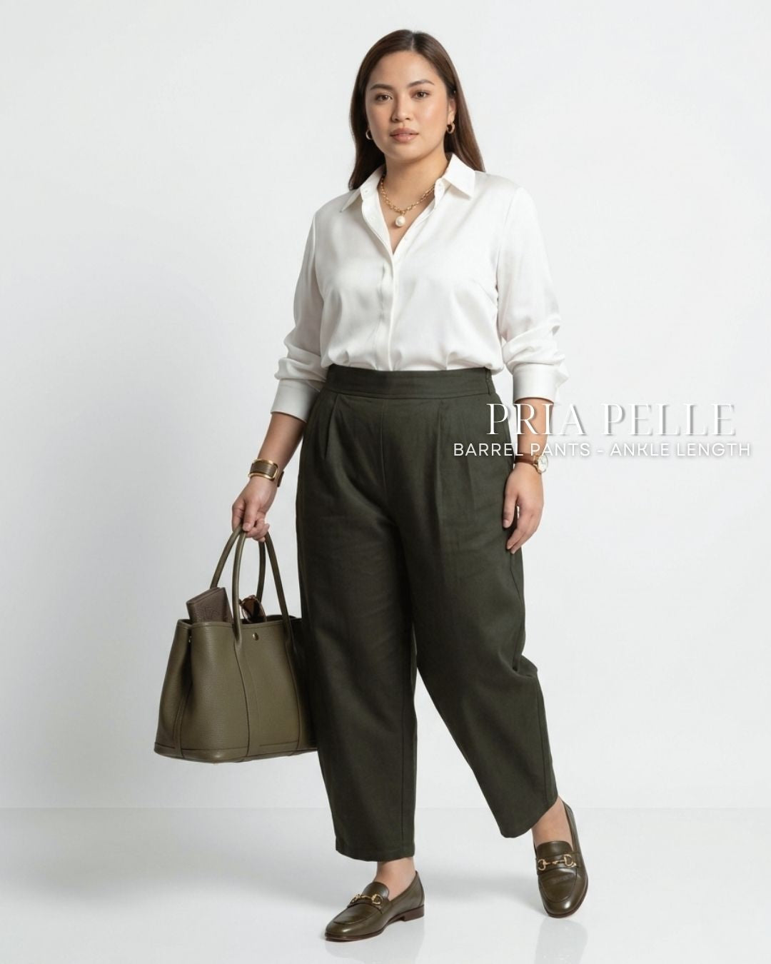 Pria Pelle Barrel Pants | Ankle Length - Twill Blend Dark Army Green | Non Stretch