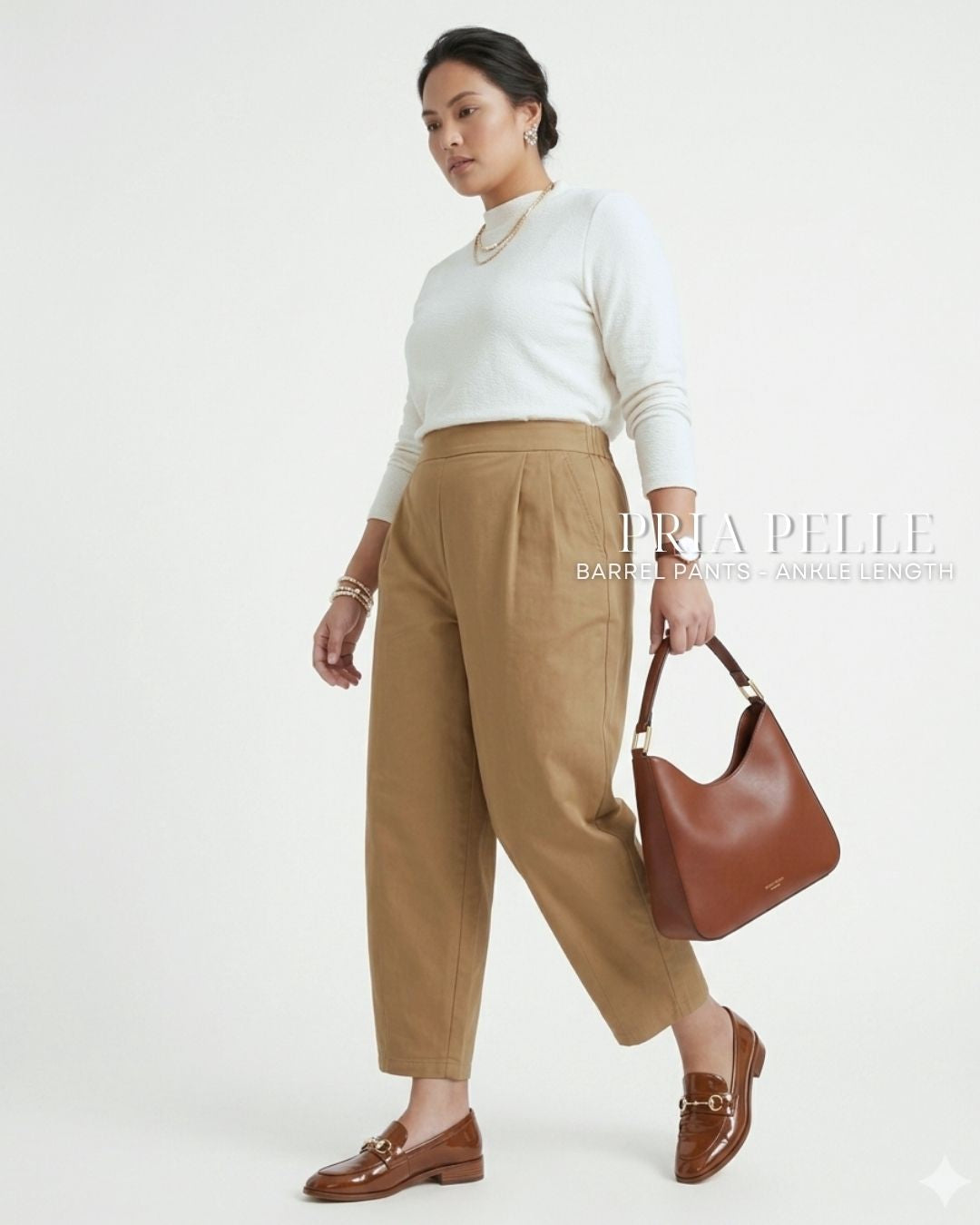 Pria Pelle Barrel Pants | Ankle Length - Cotton Twill Khaki Brown | Non Stretch