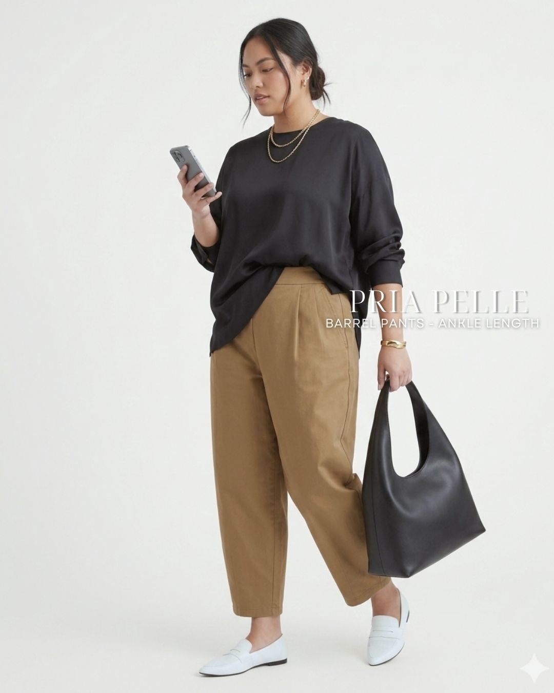 Pria Pelle Barrel Pants | Ankle Length - Cotton Twill Khaki Brown | Non Stretch