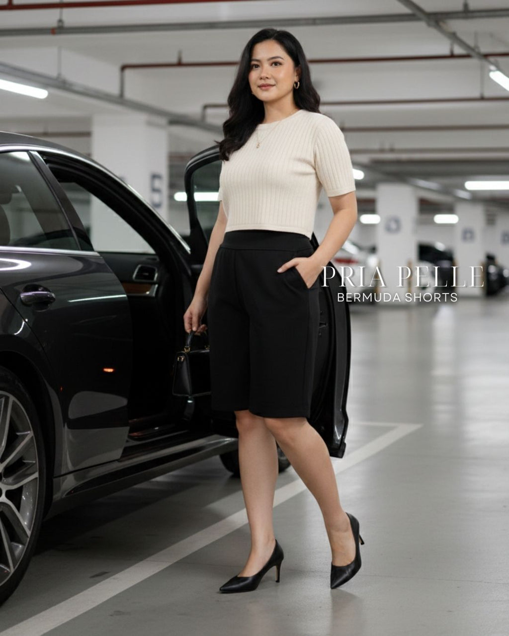 Pria Pelle Bermuda Shorts | Back garter - Cotton Blend Airy Black | Non Stretch