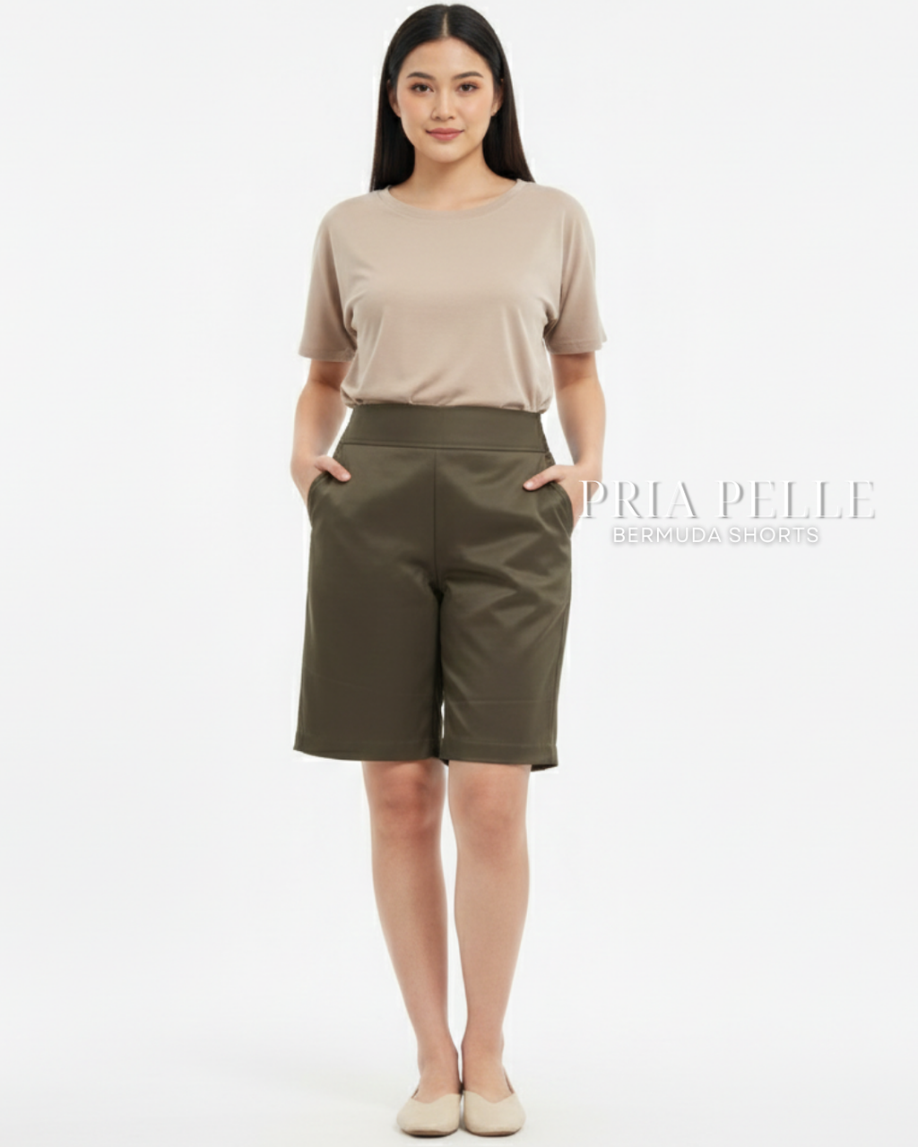 Pria Pelle Bermuda Shorts | Back garter - Cotton Blend Moss Green | Non Stretch