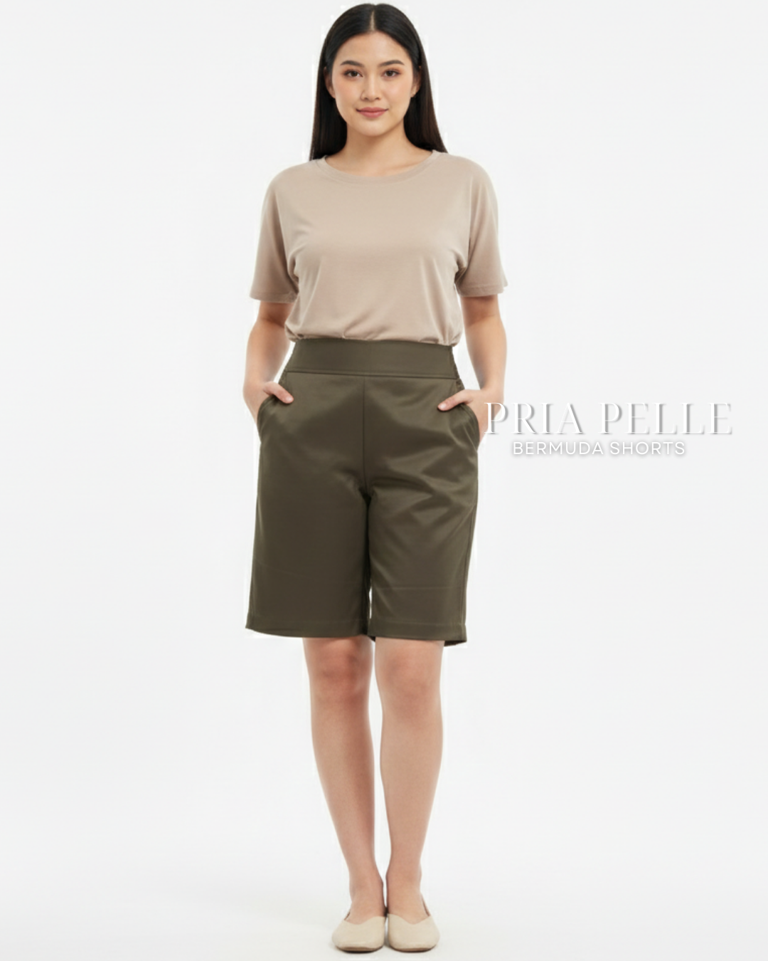 Pria Pelle Bermuda Shorts | Back garter - Cotton Blend Moss Green | Non Stretch