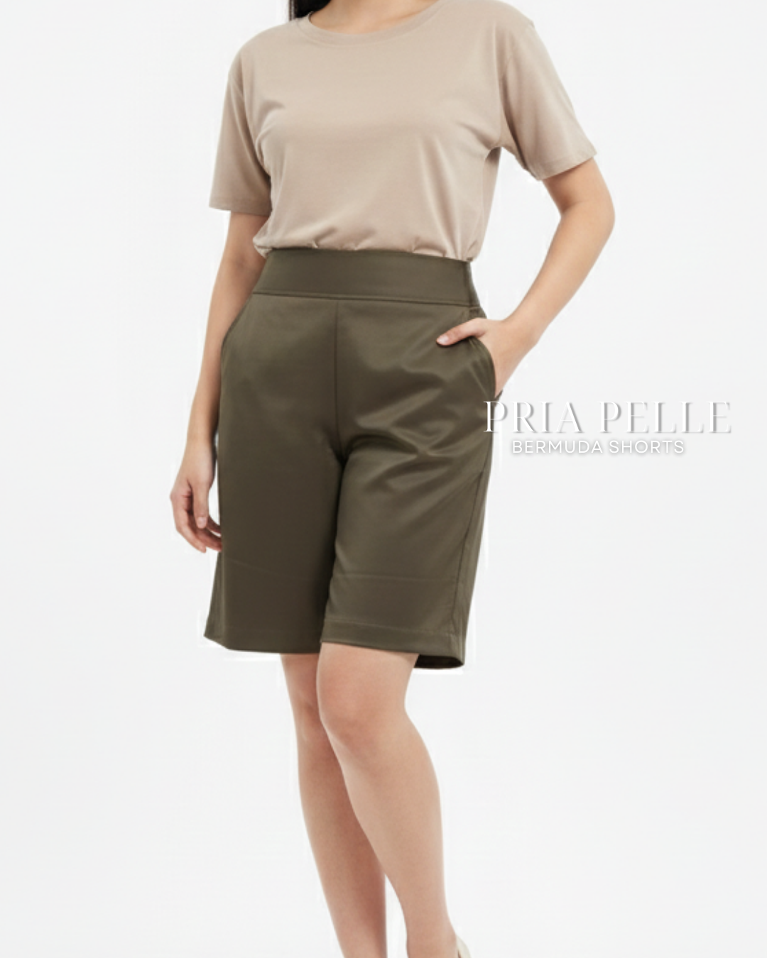 Pria Pelle Bermuda Shorts | Back garter - Cotton Blend Moss Green | Non Stretch