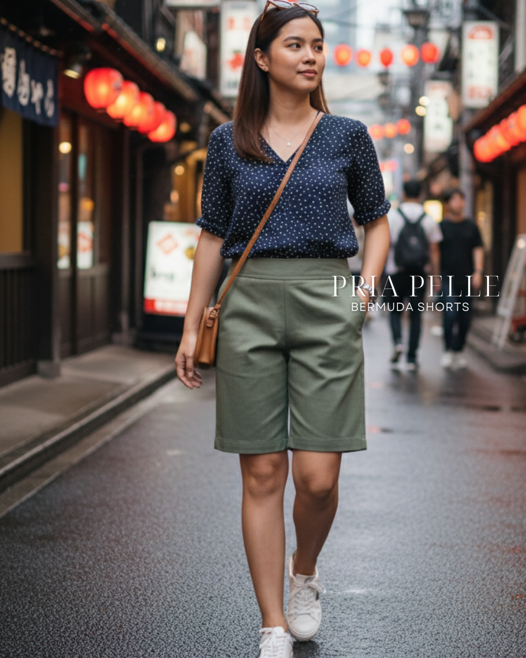 Pria Pelle Bermuda Shorts | Back garter - Cotton Blend Sage Green (Subtle Herringbone Stripes) | Non Stretch