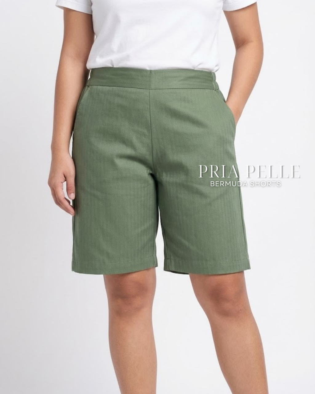 Pria Pelle Bermuda Shorts | Back garter - Cotton Blend Sage Green (Subtle Herringbone Stripes) | Non Stretch