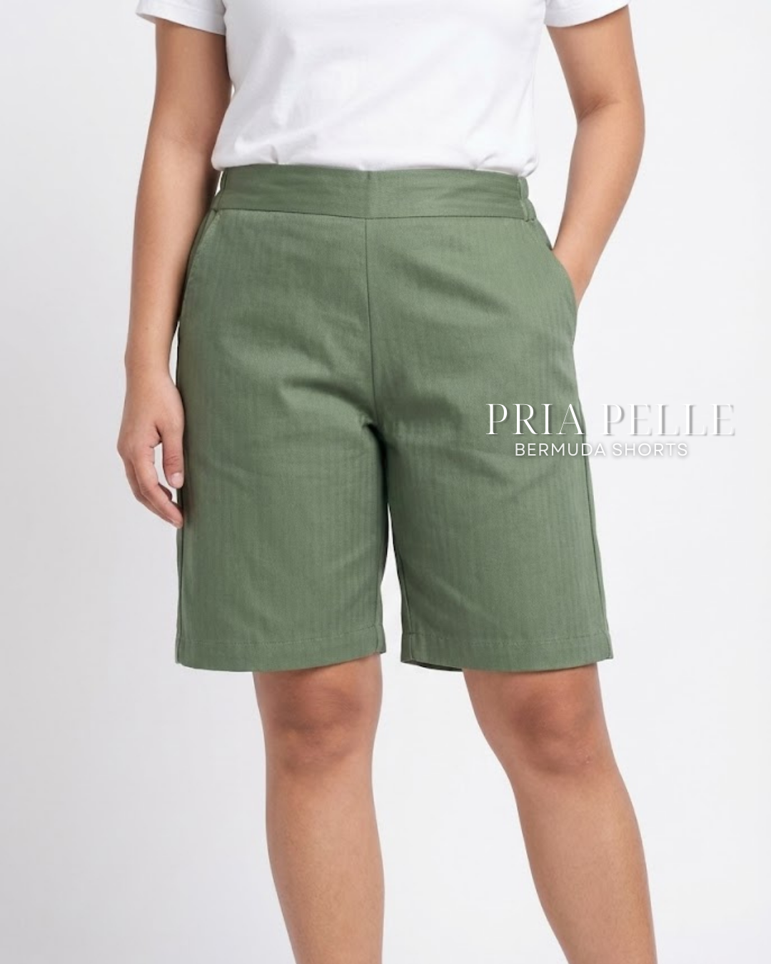 Pria Pelle Bermuda Shorts | Back garter - Cotton Blend Sage Green (Subtle Herringbone Stripes) | Non Stretch