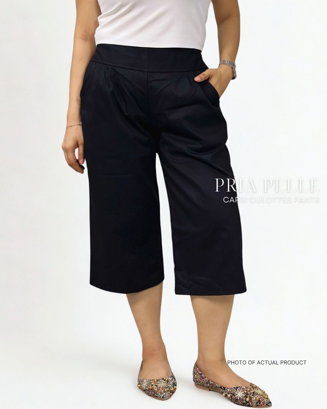 Pria Pelle Capri Culottes Pants | Back garter - Cotton Twill Black
