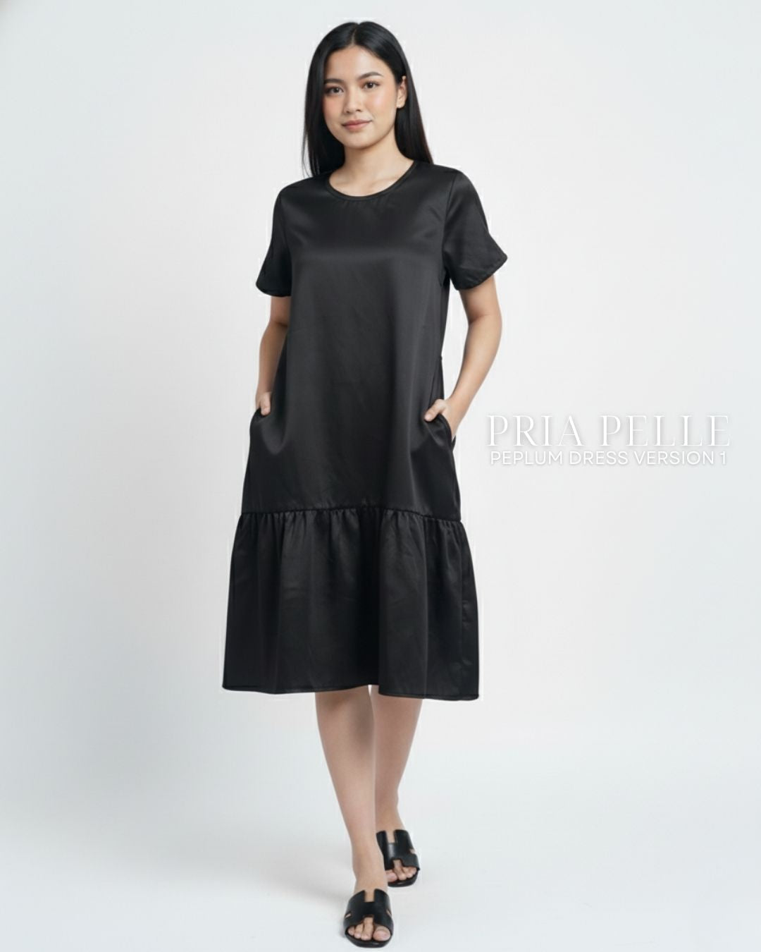 Pria Pelle Peplum Dress Version 1 | Cotton Satin Black - Non Stretch