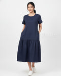 Pria Pelle Solene Short Sleeves Midi Dress - Cotton Blend Blue Black (Subtle Herringbone Stripes)