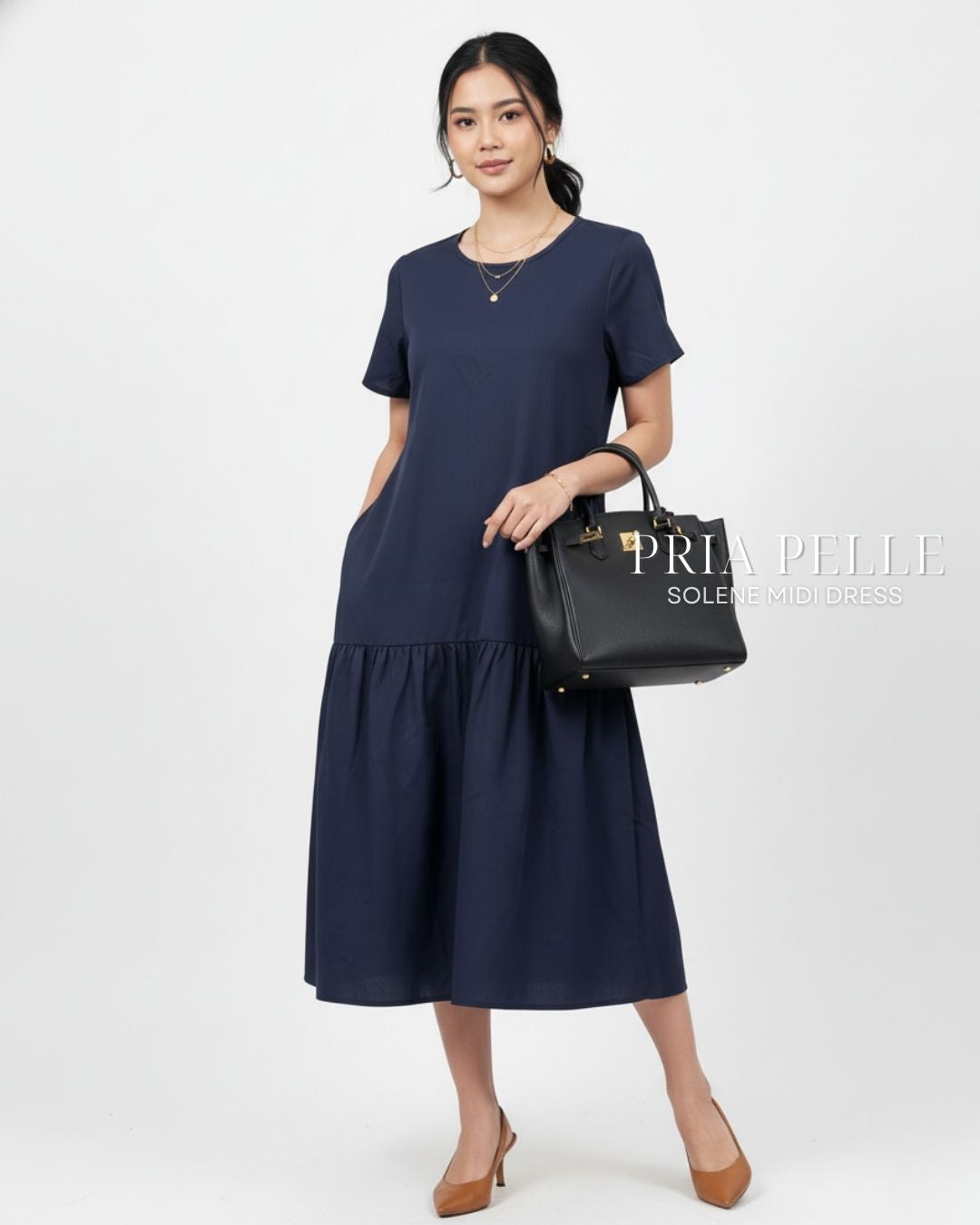 Pria Pelle Solene Short Sleeves Midi Dress - Cotton Blend Blue Black (Subtle Herringbone Stripes)