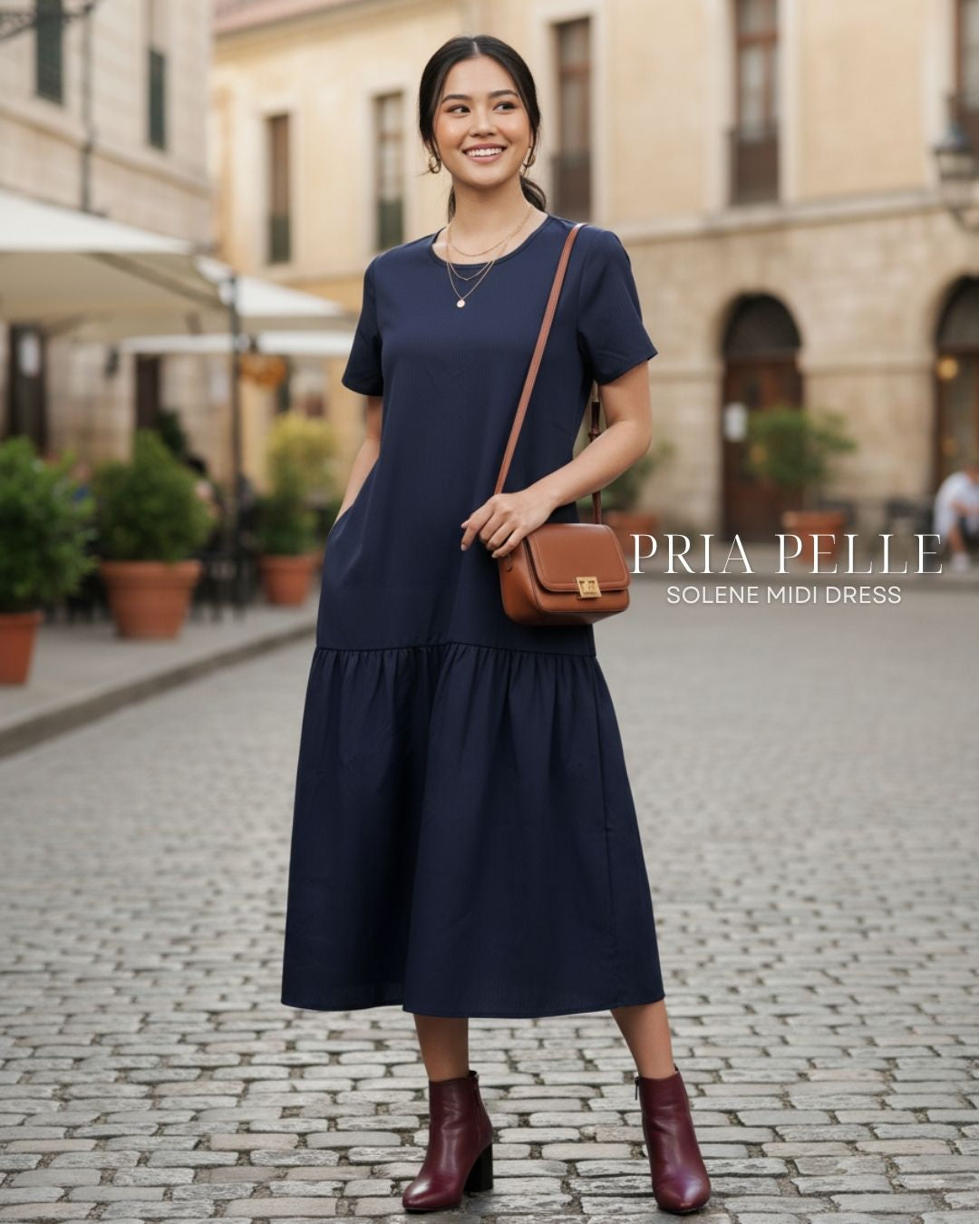 Pria Pelle Solene Short Sleeves Midi Dress - Cotton Blend Blue Black (Subtle Herringbone Stripes)