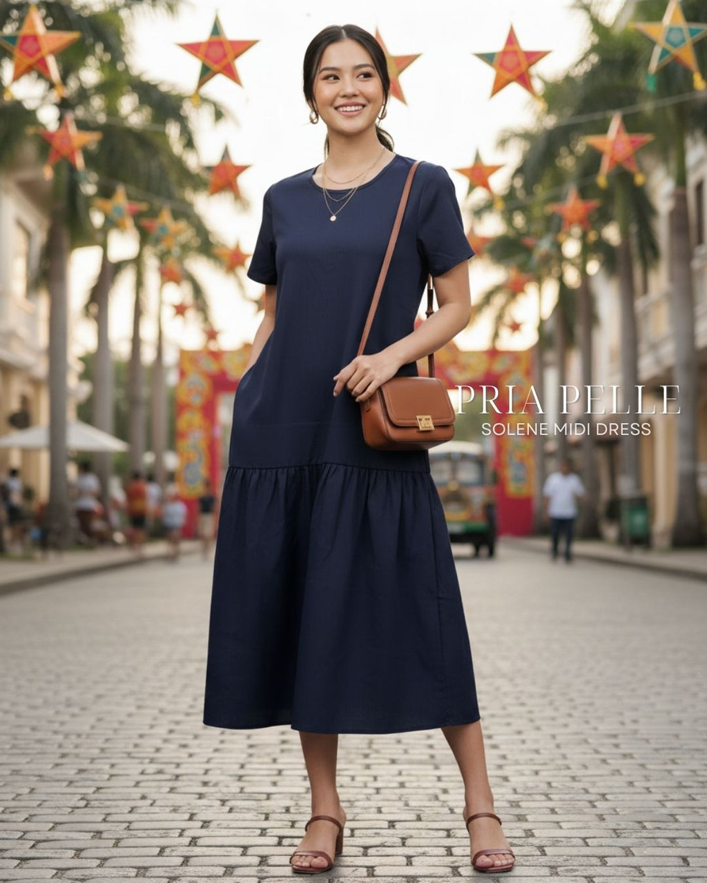 Pria Pelle Solene Short Sleeves Midi Dress - Cotton Blend Blue Black (Subtle Herringbone Stripes)