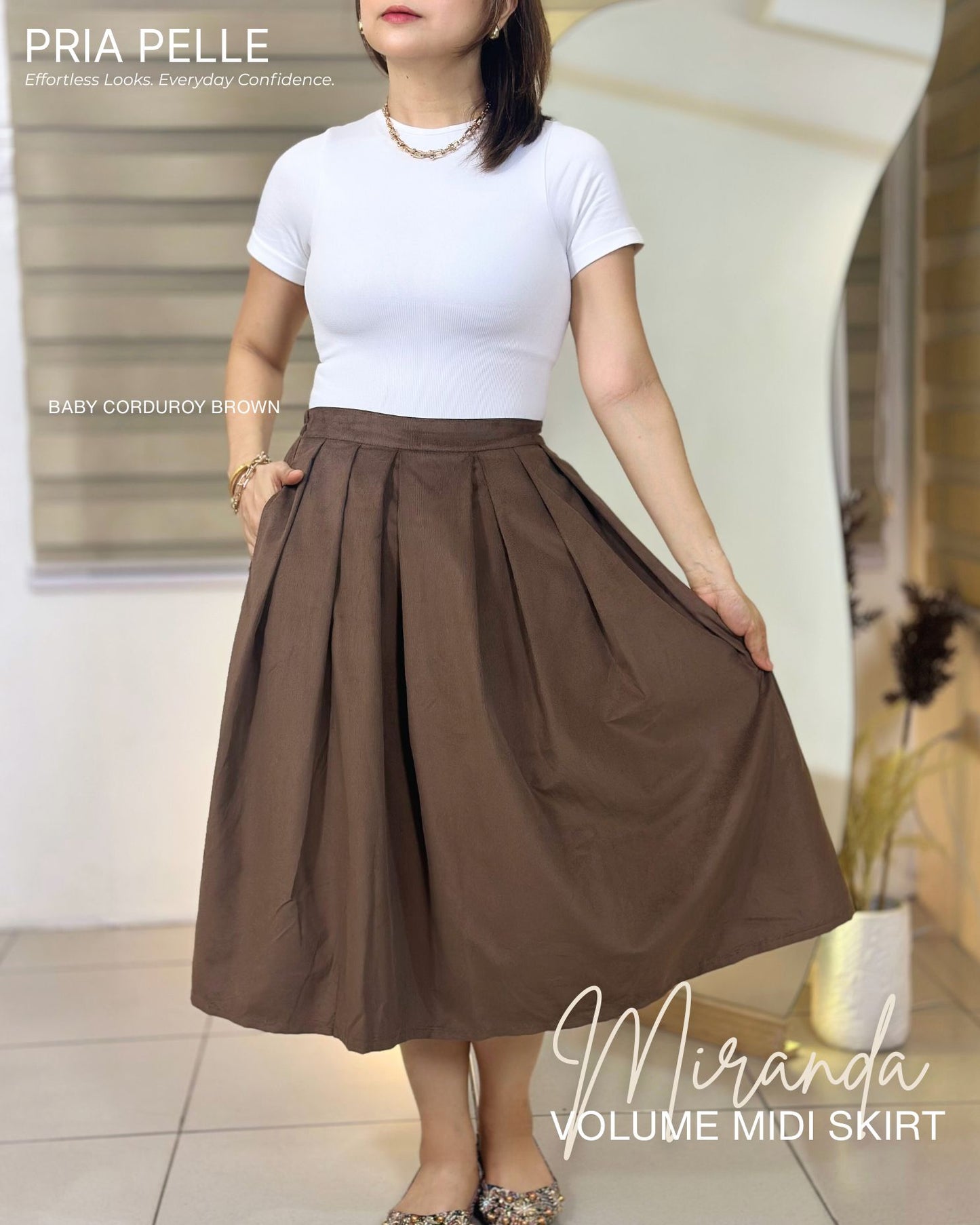 Pria Pelle Miranda Midi Volume Skirt | Baby Corduroy Dark Brown