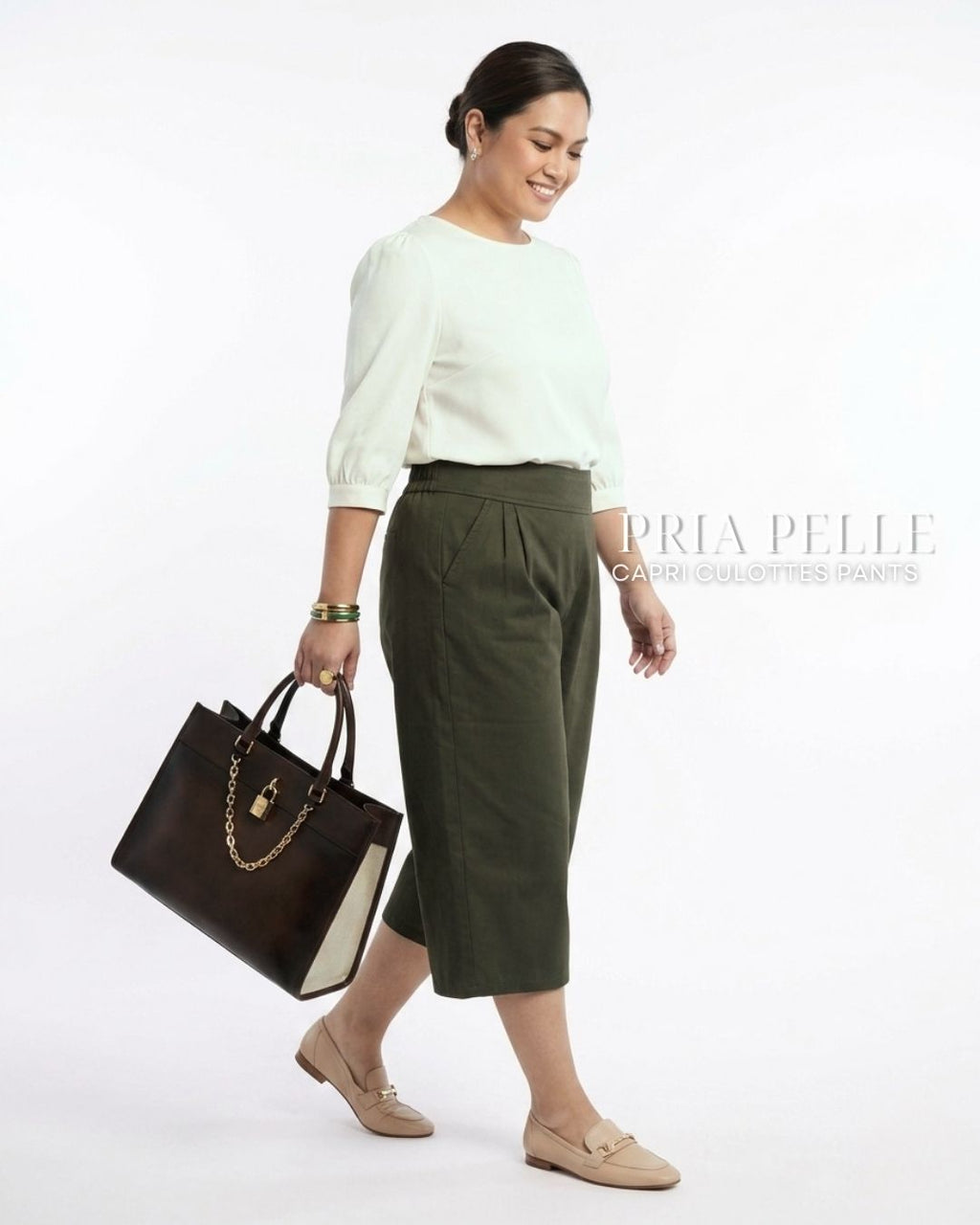 Pria Pelle Capri Culottes Pants | Back garter - Twill Blend Dark Army Green | Non Stretch
