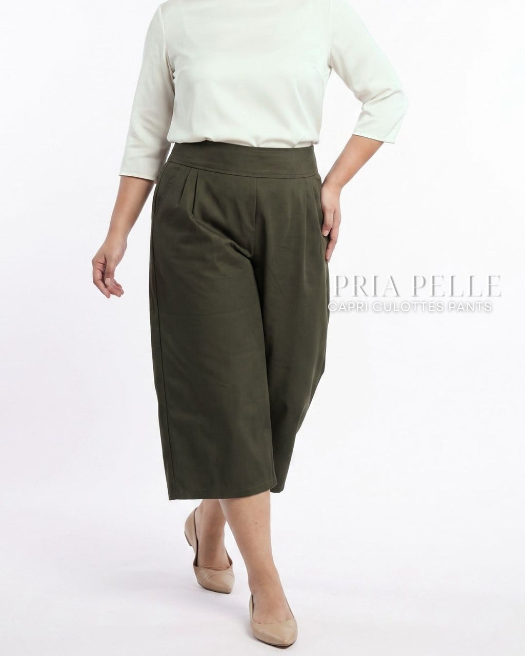 Pria Pelle Capri Culottes Pants | Back garter - Twill Blend Dark Army Green | Non Stretch