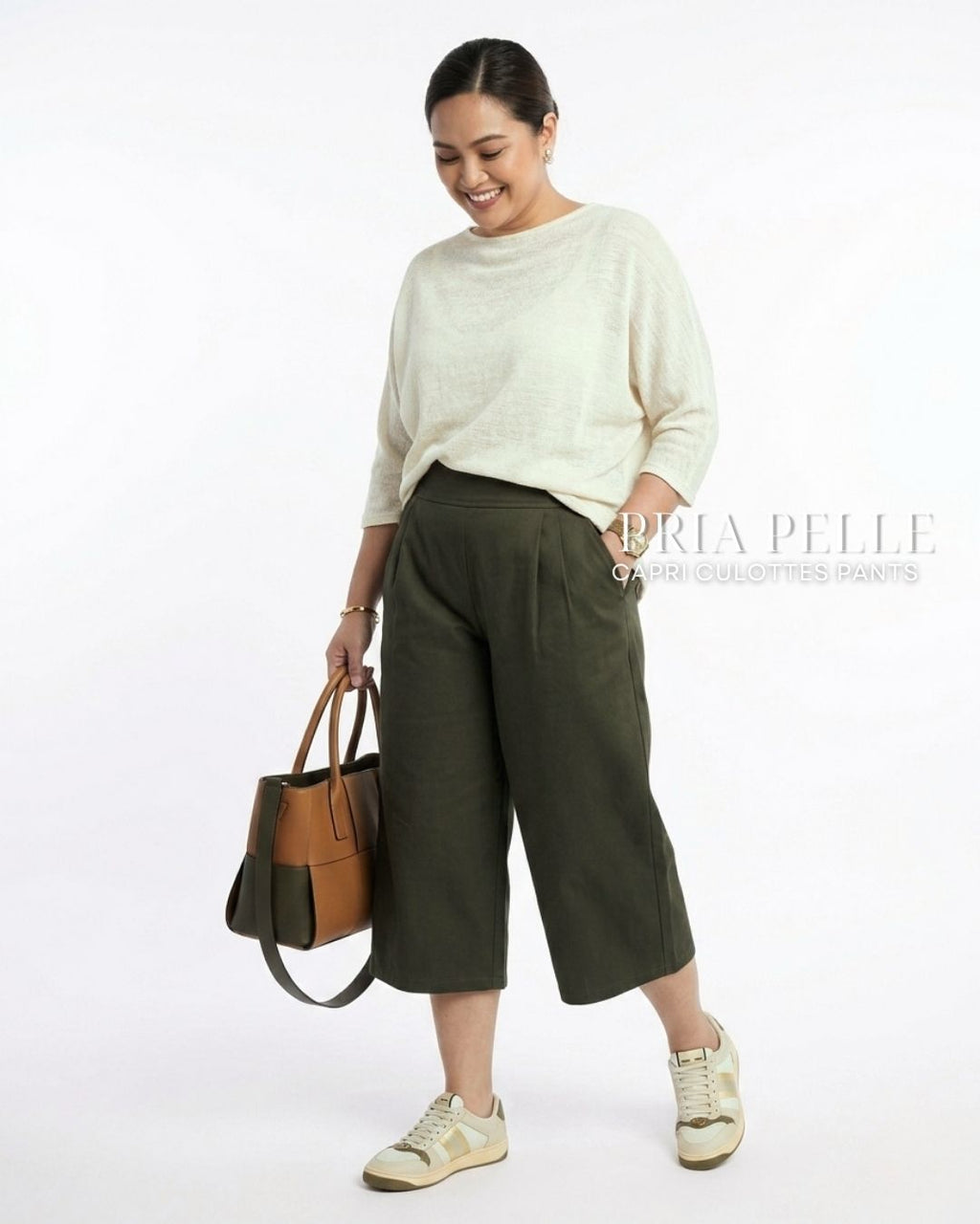 Pria Pelle Capri Culottes Pants | Back garter - Twill Blend Dark Army Green | Non Stretch