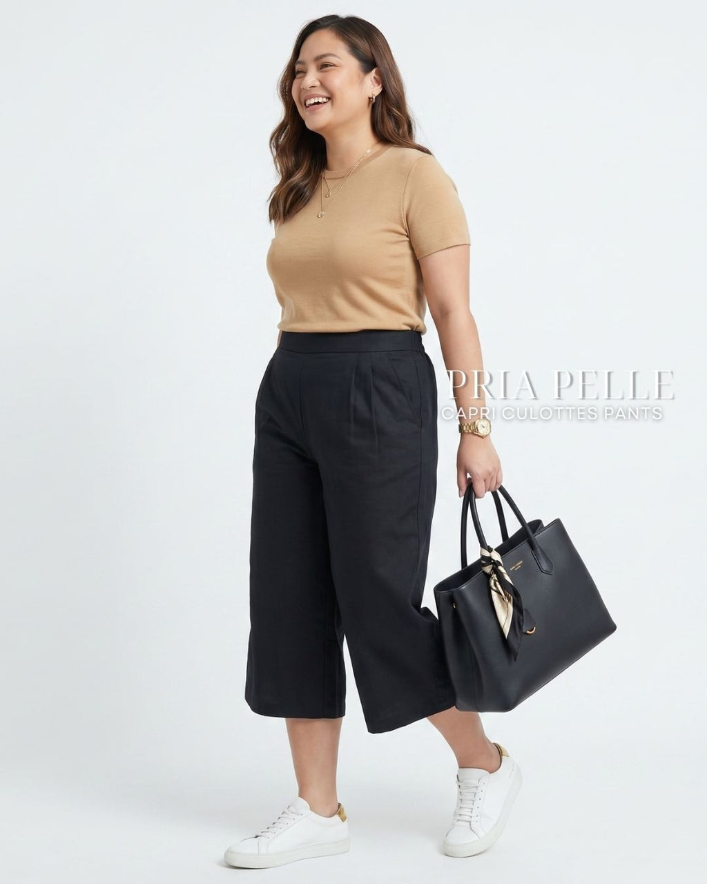 Pria Pelle Capri Culottes Pants | Back garter - Cotton Twill Black | Non Stretch