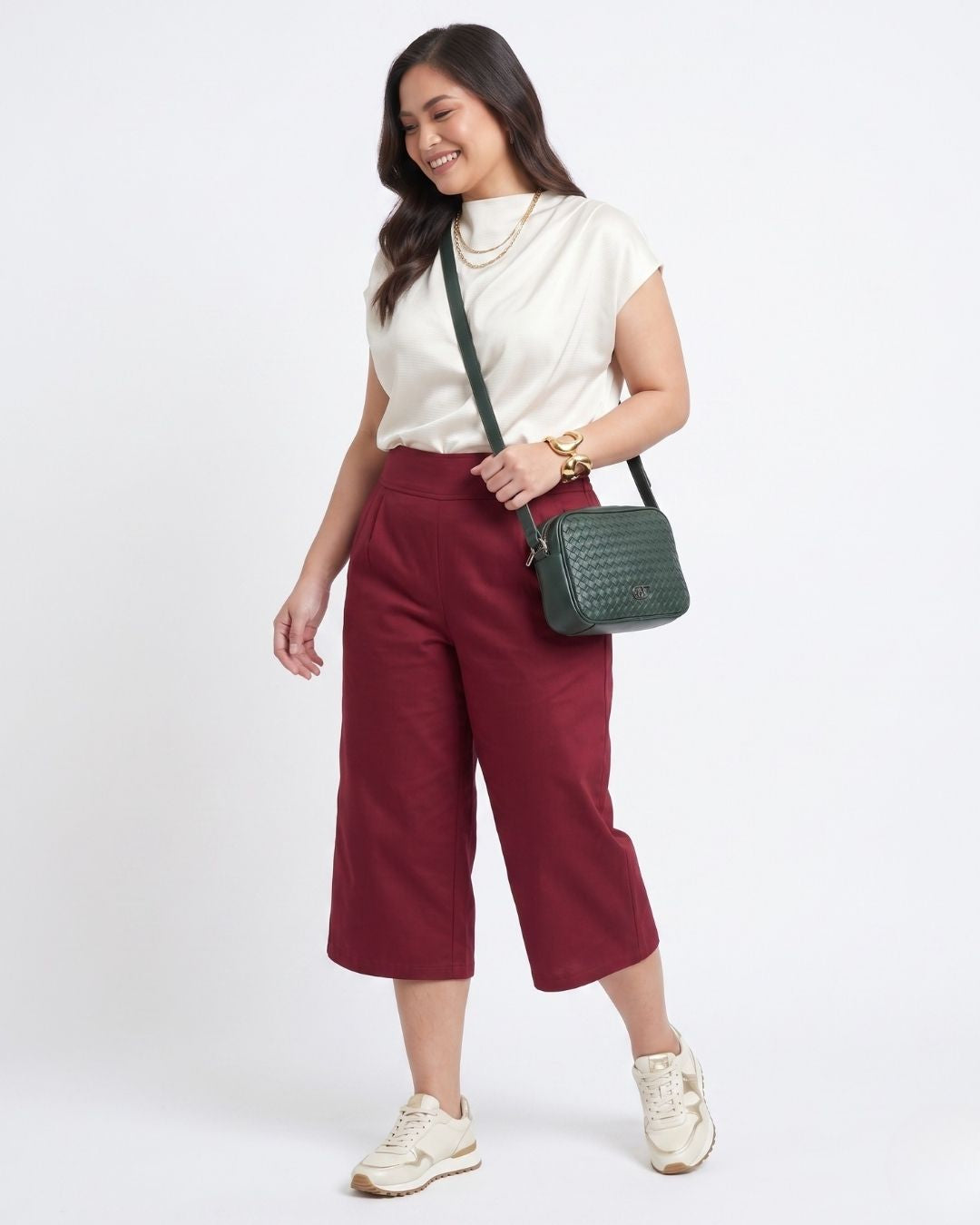 Pria Pelle Capri Culottes Pants | Back garter - Cotton Blend Wine Red with Stretch