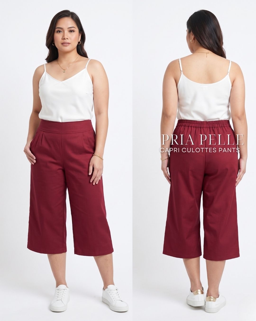 Pria Pelle Capri Culottes Pants | Back garter - Cotton Blend Wine Red with Stretch