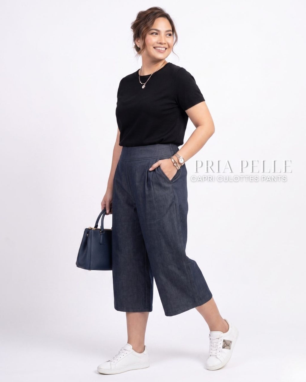 Pria Pelle Capri Culottes Pants | Back garter - Soft Denim Dark Gray | Non Stretch