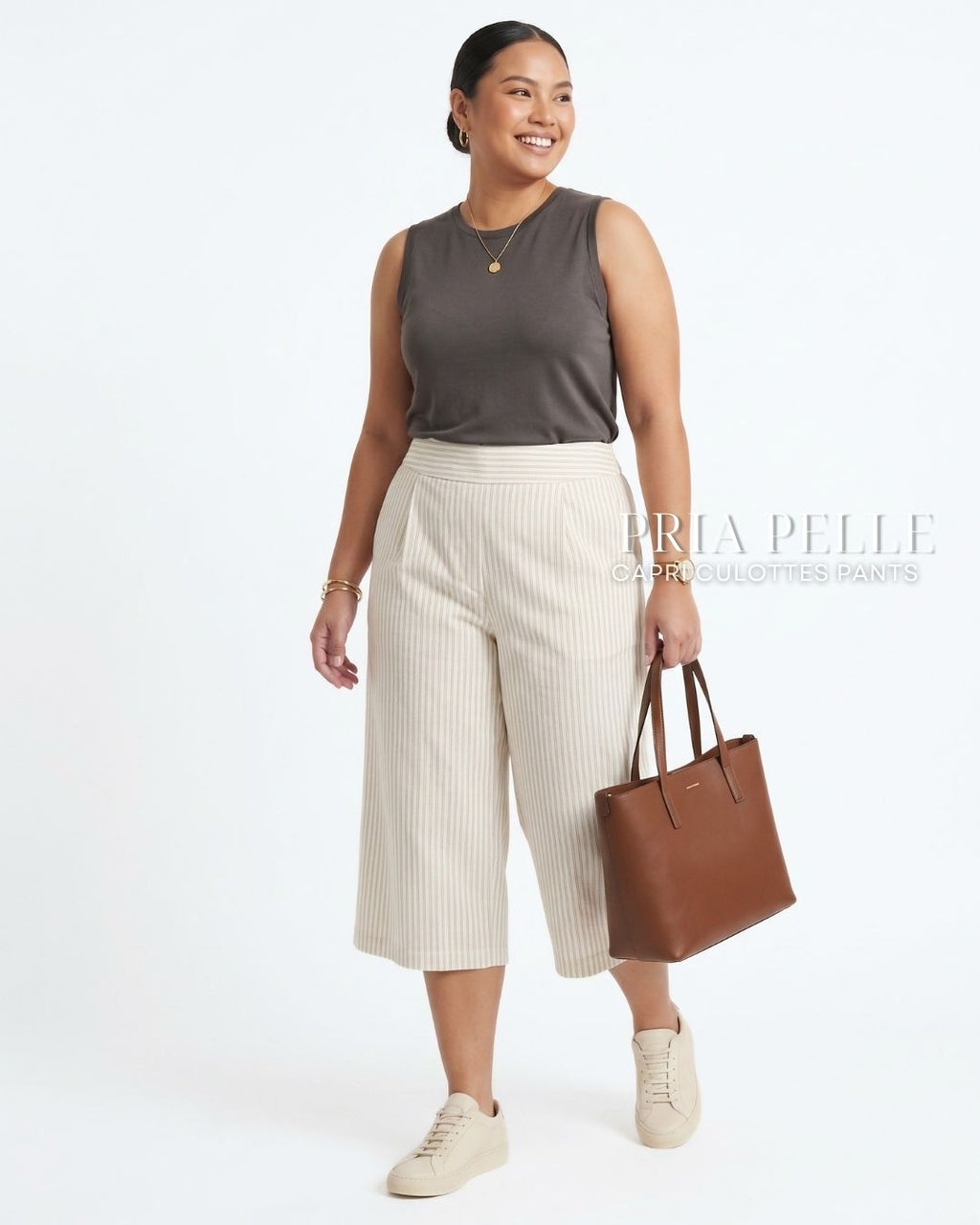 Pria Pelle Capri Culottes Pants | Back garter - Cotton Blend Off White Stripes with Stretch