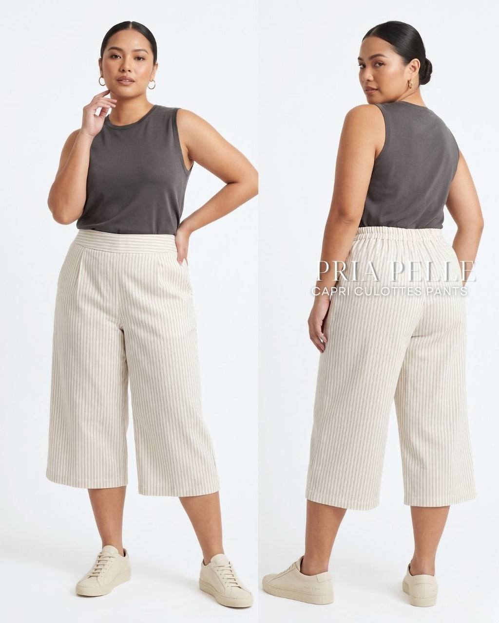 Pria Pelle Capri Culottes Pants | Back garter - Cotton Blend Off White Stripes with Stretch