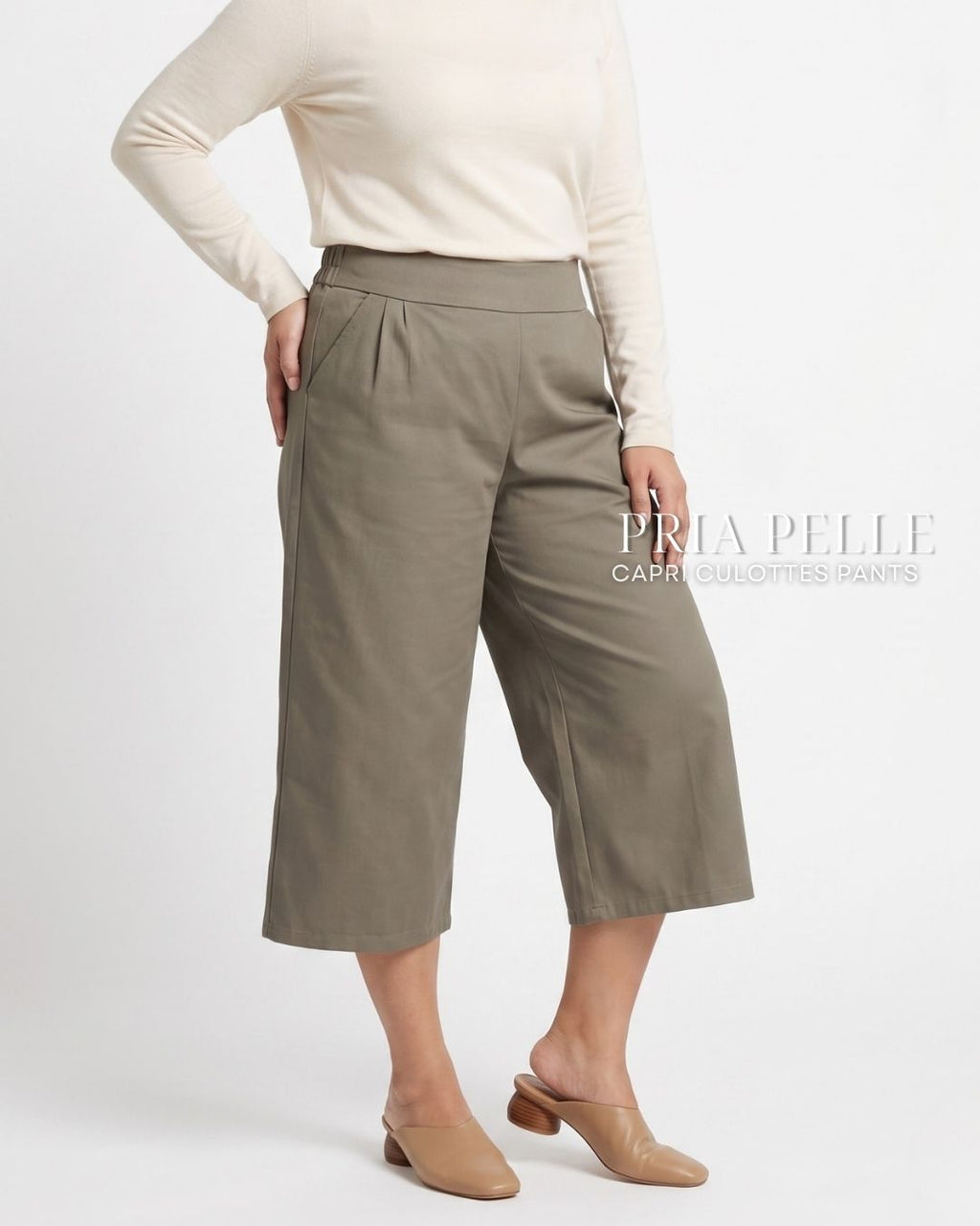 Pria Pelle Capri Culottes Pants | Back garter - Cotton Twill Dark Gray Olive | Non Stretch