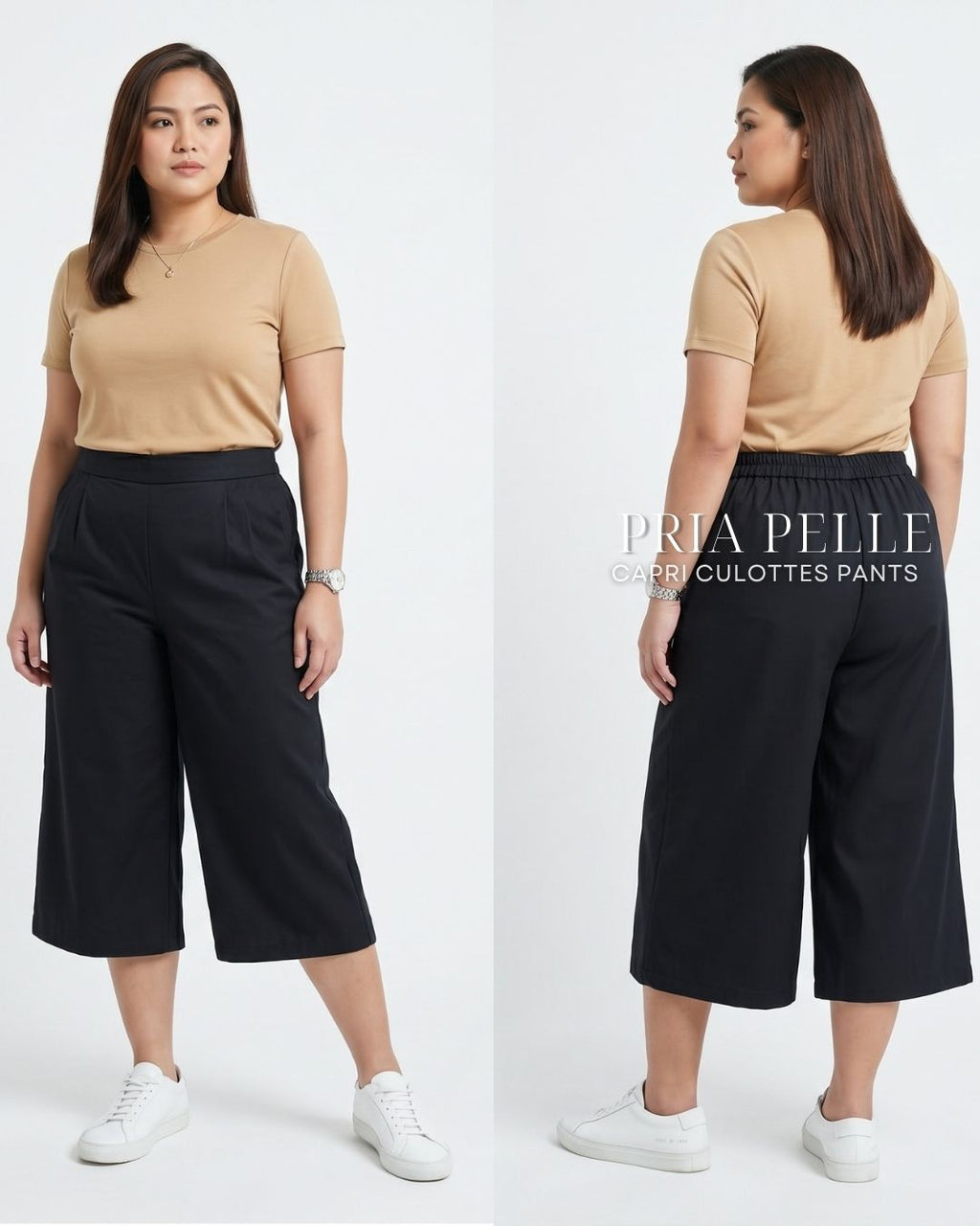 Pria Pelle Capri Culottes Pants | Back garter - Cotton Twill Black | Non Stretch