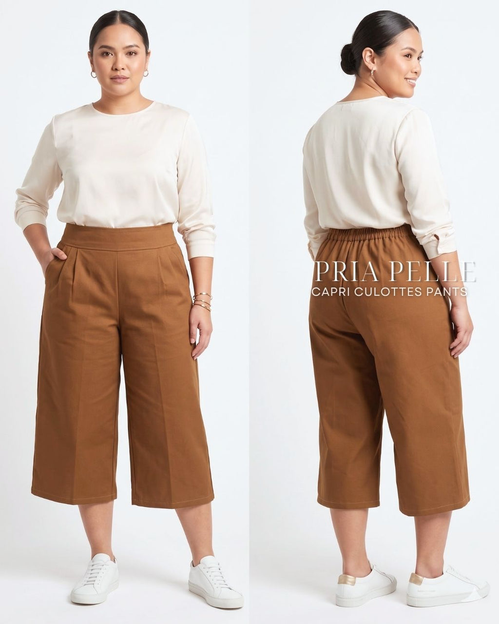 Pria Pelle Capri Culottes Pants | Back garter - Cotton Twill Cinnamon | Non Stretch