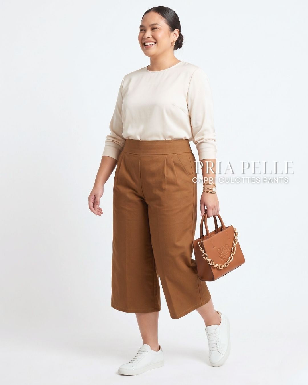 Pria Pelle Capri Culottes Pants | Back garter - Cotton Twill Cinnamon | Non Stretch