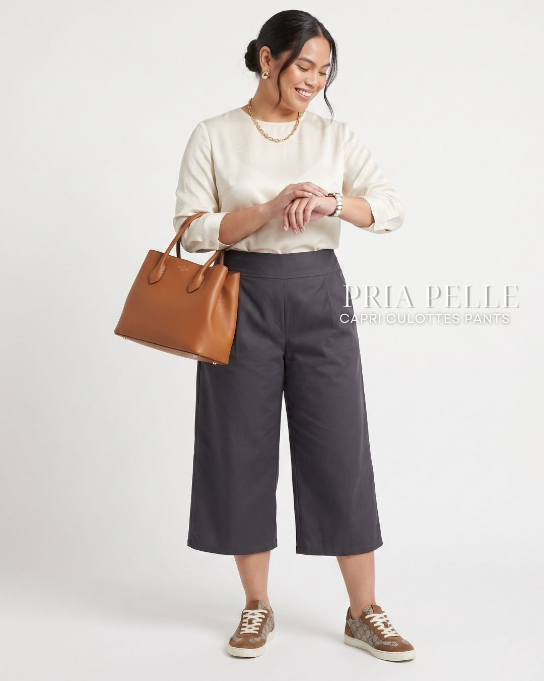 Pria Pelle Capri Culottes Pants | Back garter - Cotton Twill Dark Gray | Non Stretch