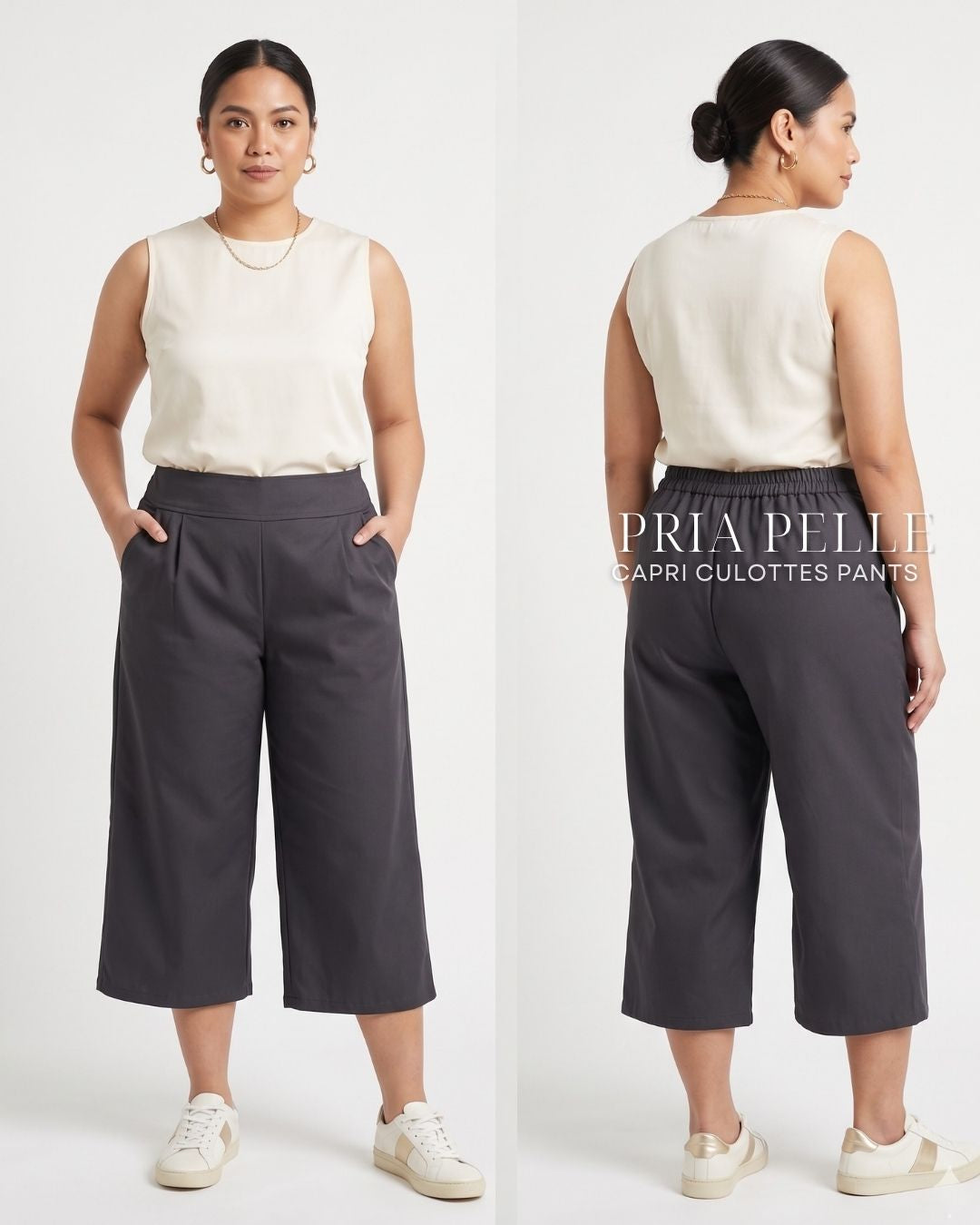 Pria Pelle Capri Culottes Pants | Back garter - Cotton Twill Dark Gray | Non Stretch
