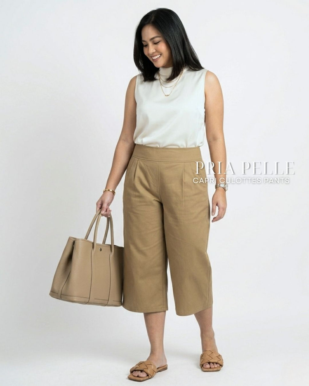 Pria Pelle Capri Culottes Pants | Back garter - Cotton Twill Khaki Brown | Non Stretch