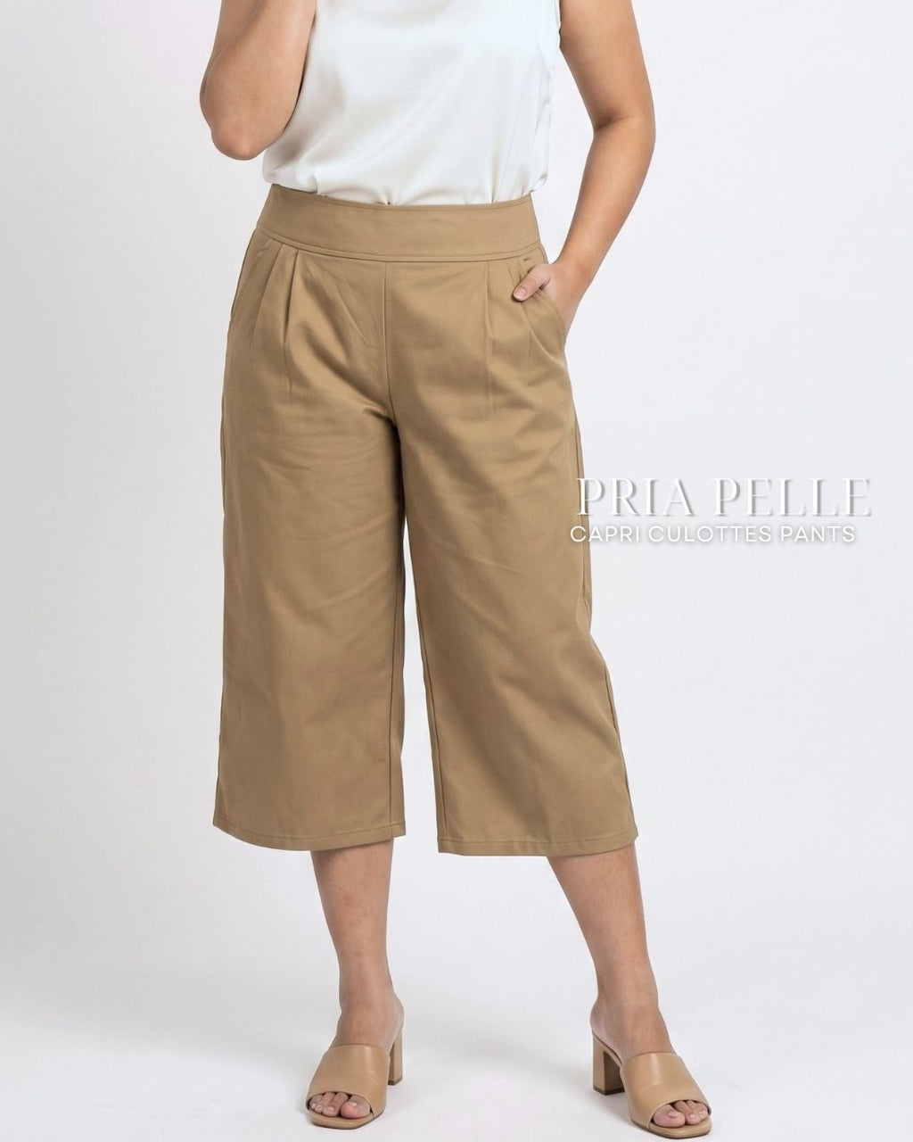 Pria Pelle Capri Culottes Pants | Back garter - Cotton Twill Khaki Brown | Non Stretch
