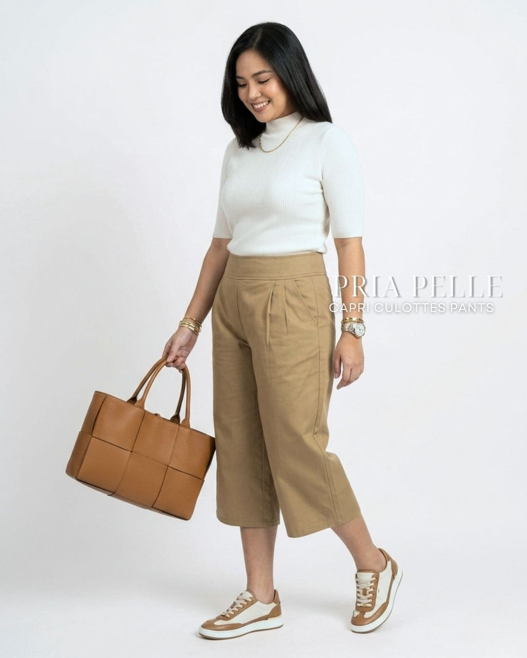 Pria Pelle Capri Culottes Pants | Back garter - Cotton Twill Khaki Brown | Non Stretch