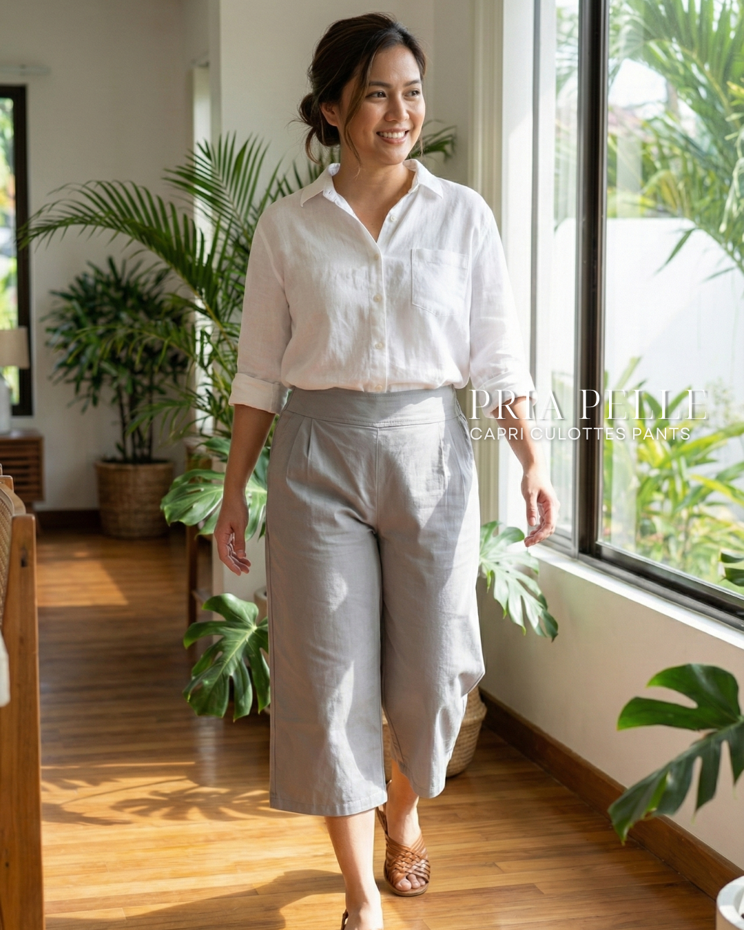 Pria Pelle Capri Culottes Pants | Back garter - Cotton Twill Fine Gray