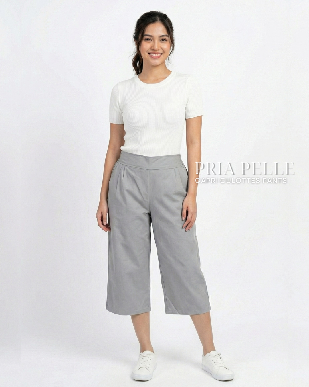 Pria Pelle Capri Culottes Pants | Back garter - Cotton Twill Fine Gray